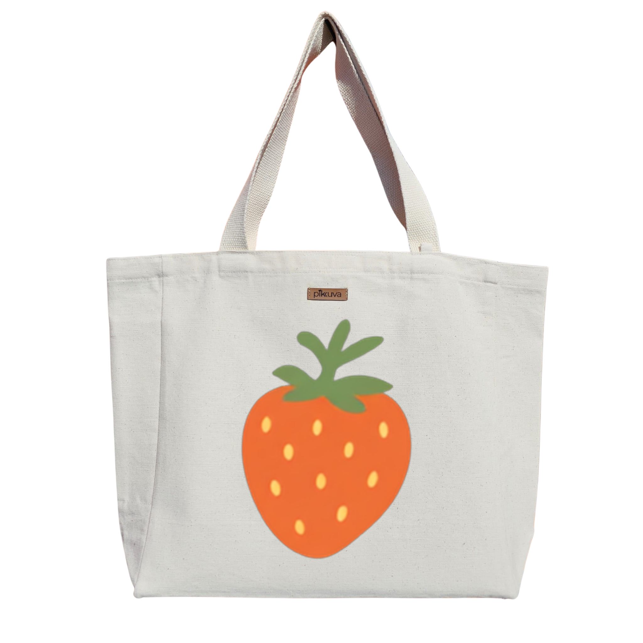Turuncu Çilek Tasarımı Orange Strawberry Design Baskılıı Naturel Kanvas Bez Çanta Sap Beyaz Cırt Cırtlı Suluk Tutuculu — 20x24