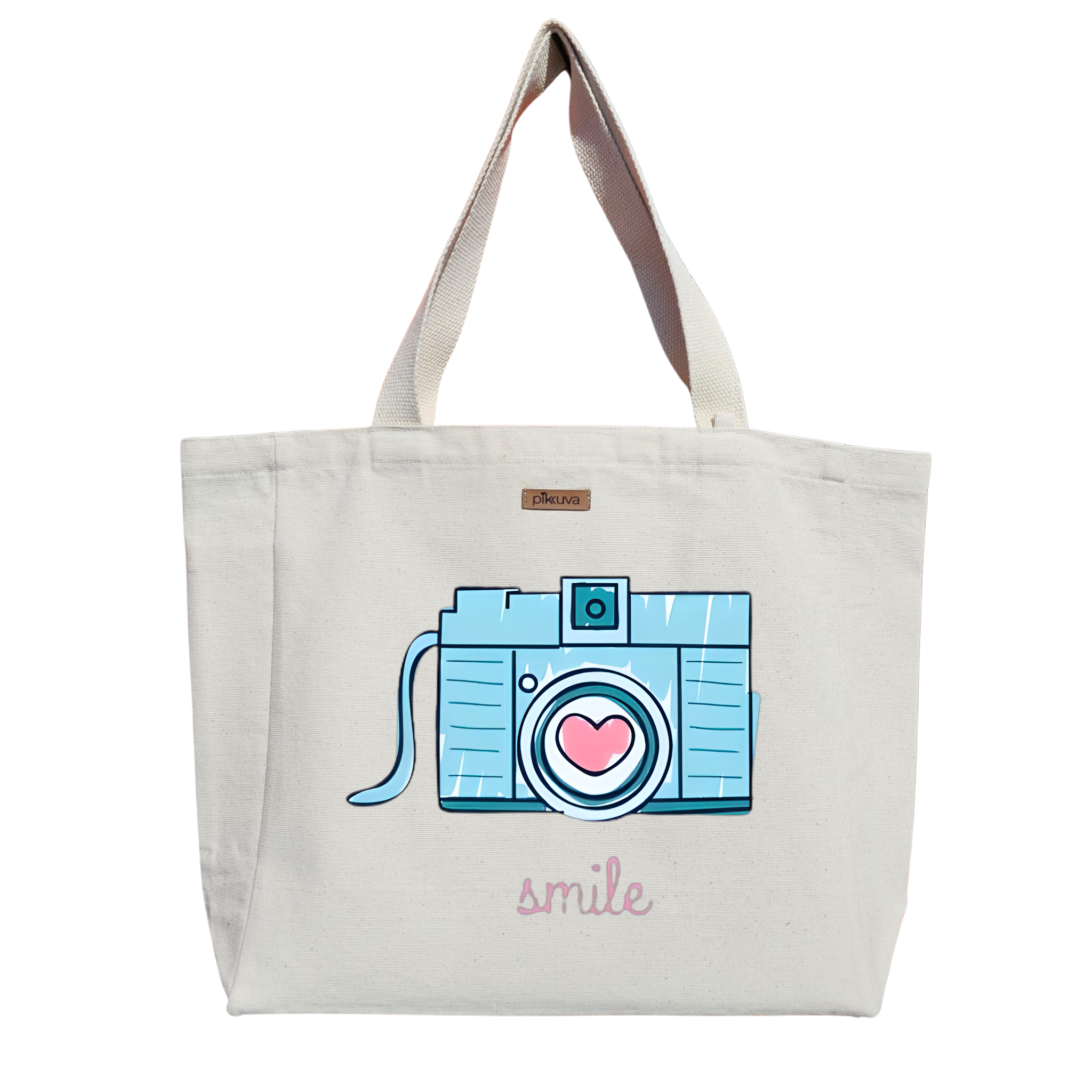 Natural Canvas Tote Bag, Natural Handle, White Velcro, Water Bottle Holder — 24x20