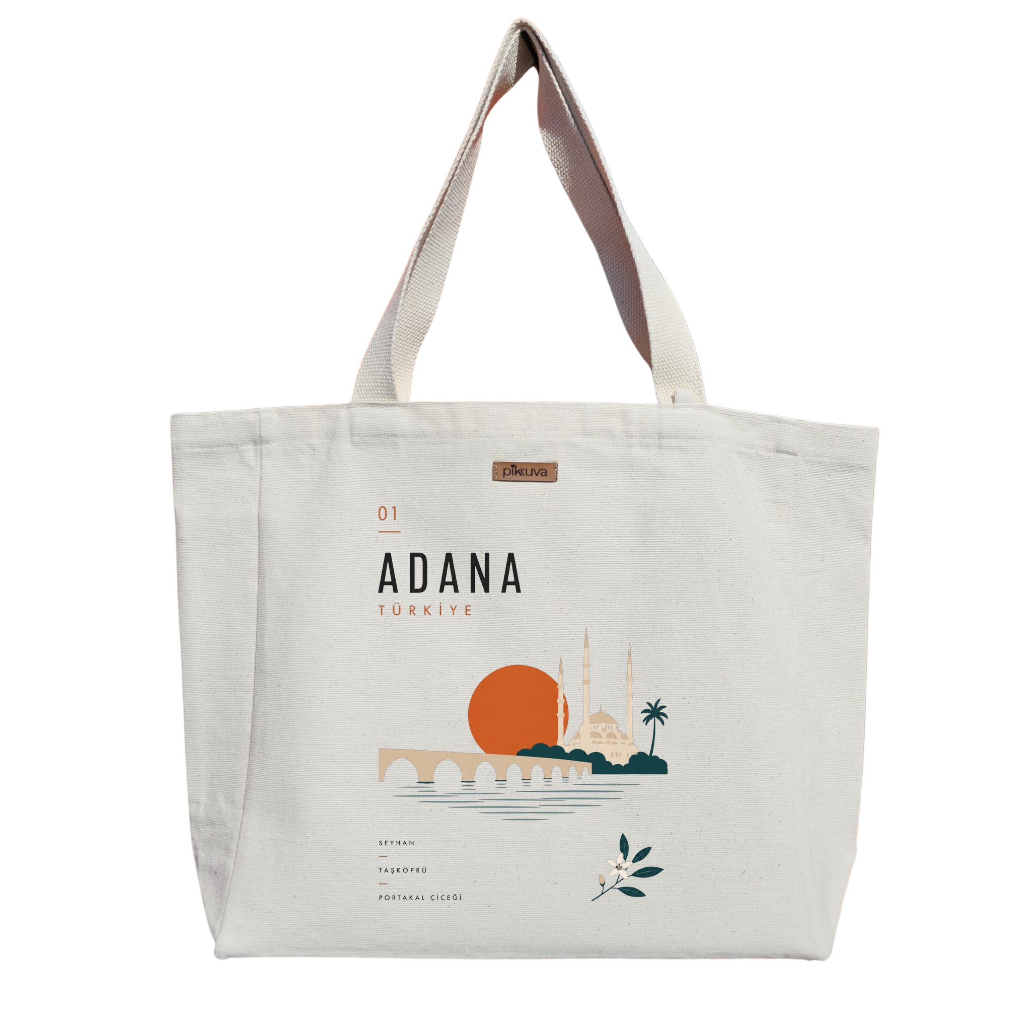 Natural Canvas Tote Bag, Natural Handle, White Velcro, Water Bottle Holder — 20x24