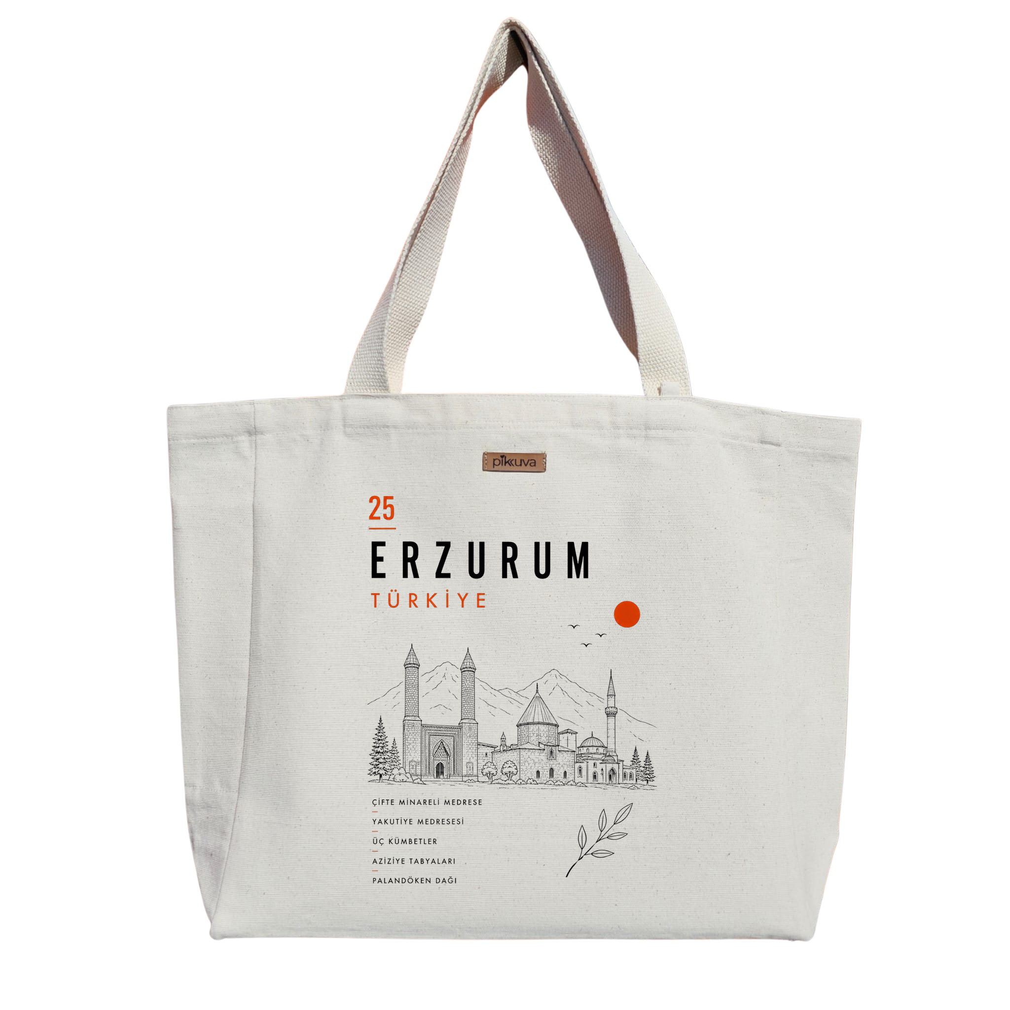 Natural Canvas Tote Bag, Natural Handle, White Velcro, Water Bottle Holder — 20x24