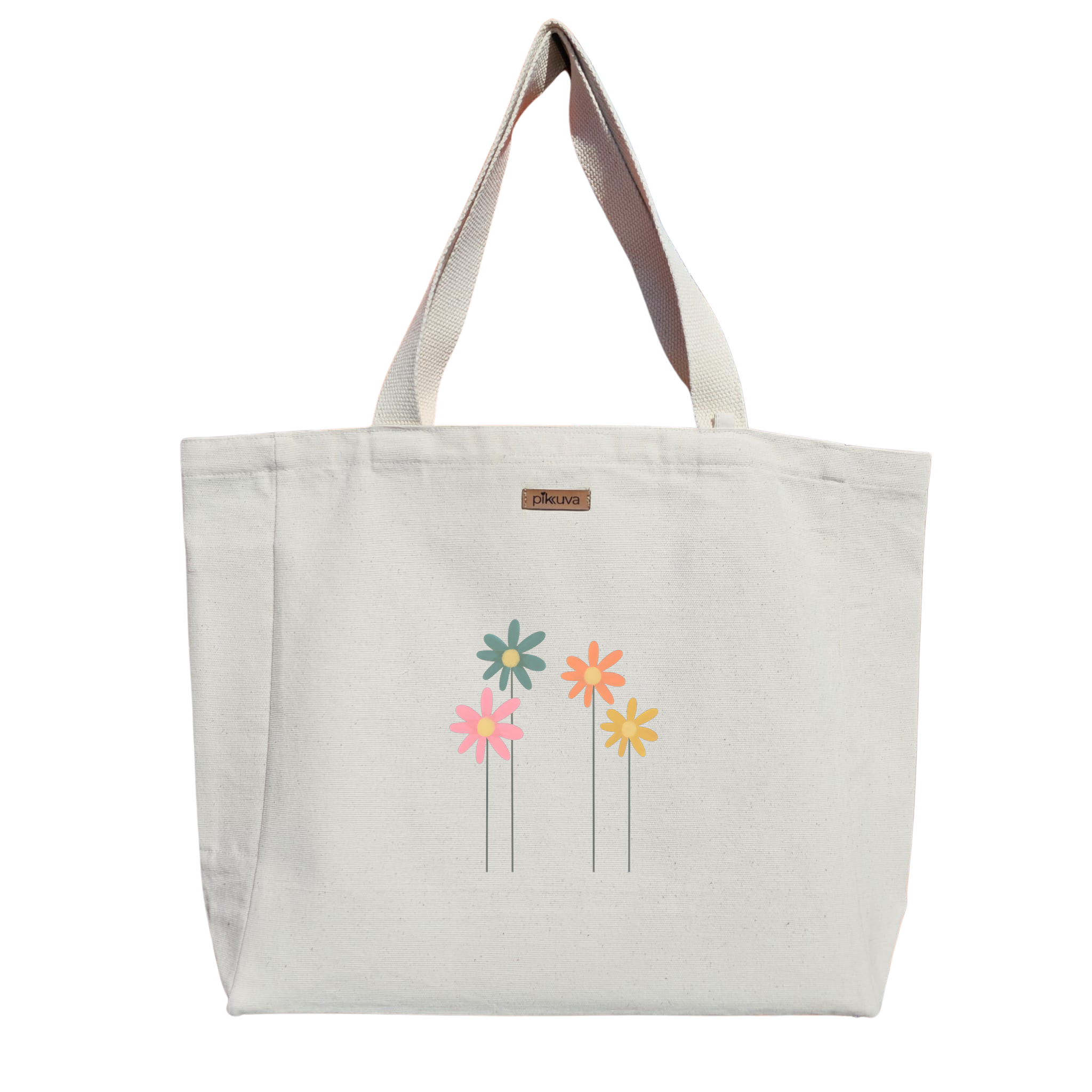 Natural Canvas Tote Bag, Natural Handle, White Velcro, Water Bottle Holder — 12x20