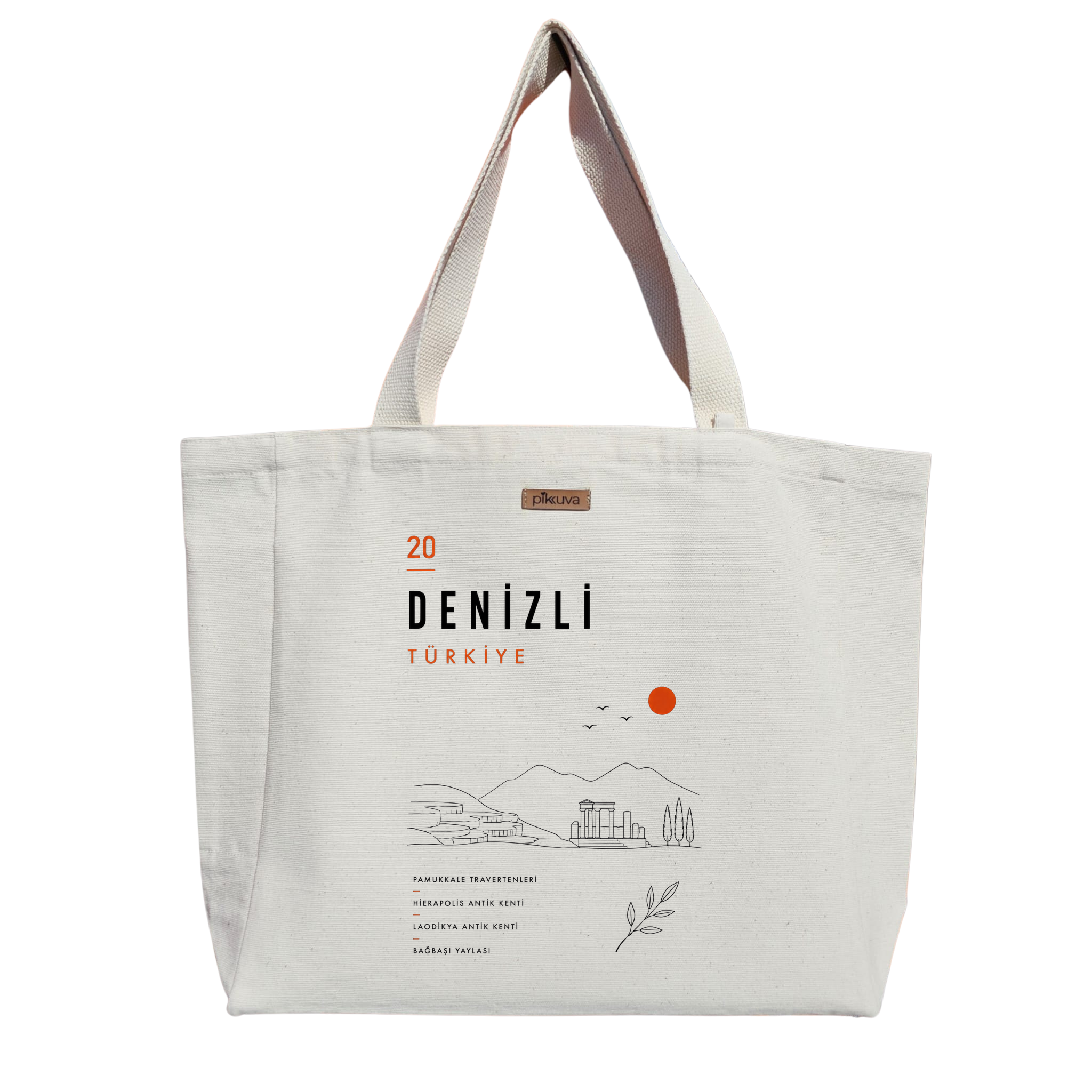 Natural Canvas Tote Bag, Natural Handle, White Velcro, Water Bottle Holder — 20x24