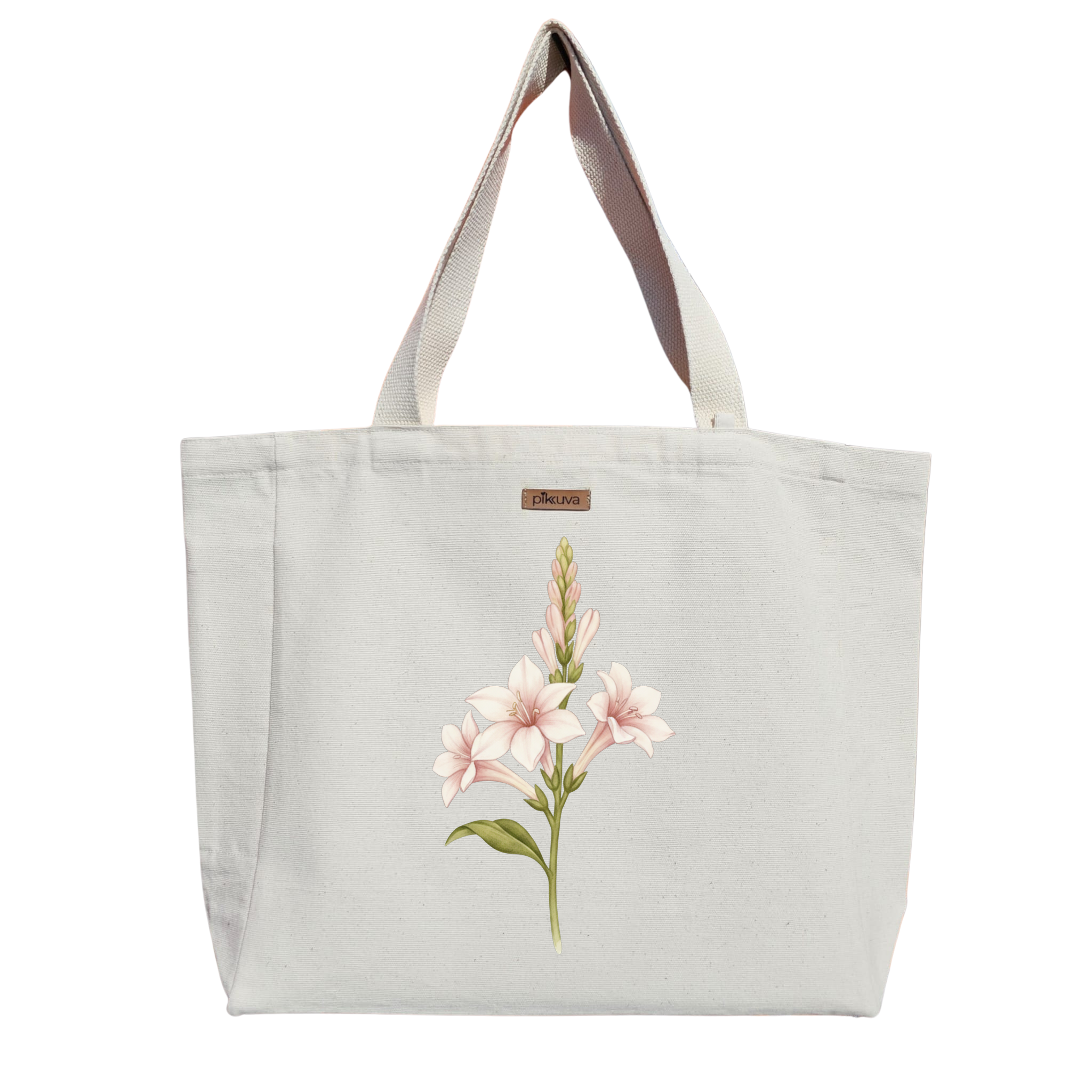Pembe Çiçek Buketi Tasarımı Pink flower bouquet design Baskılı Naturel Kanvas Bez Çanta Sap Beyaz Cırt Cırtlı Suluk Tutuculu — 20x24
