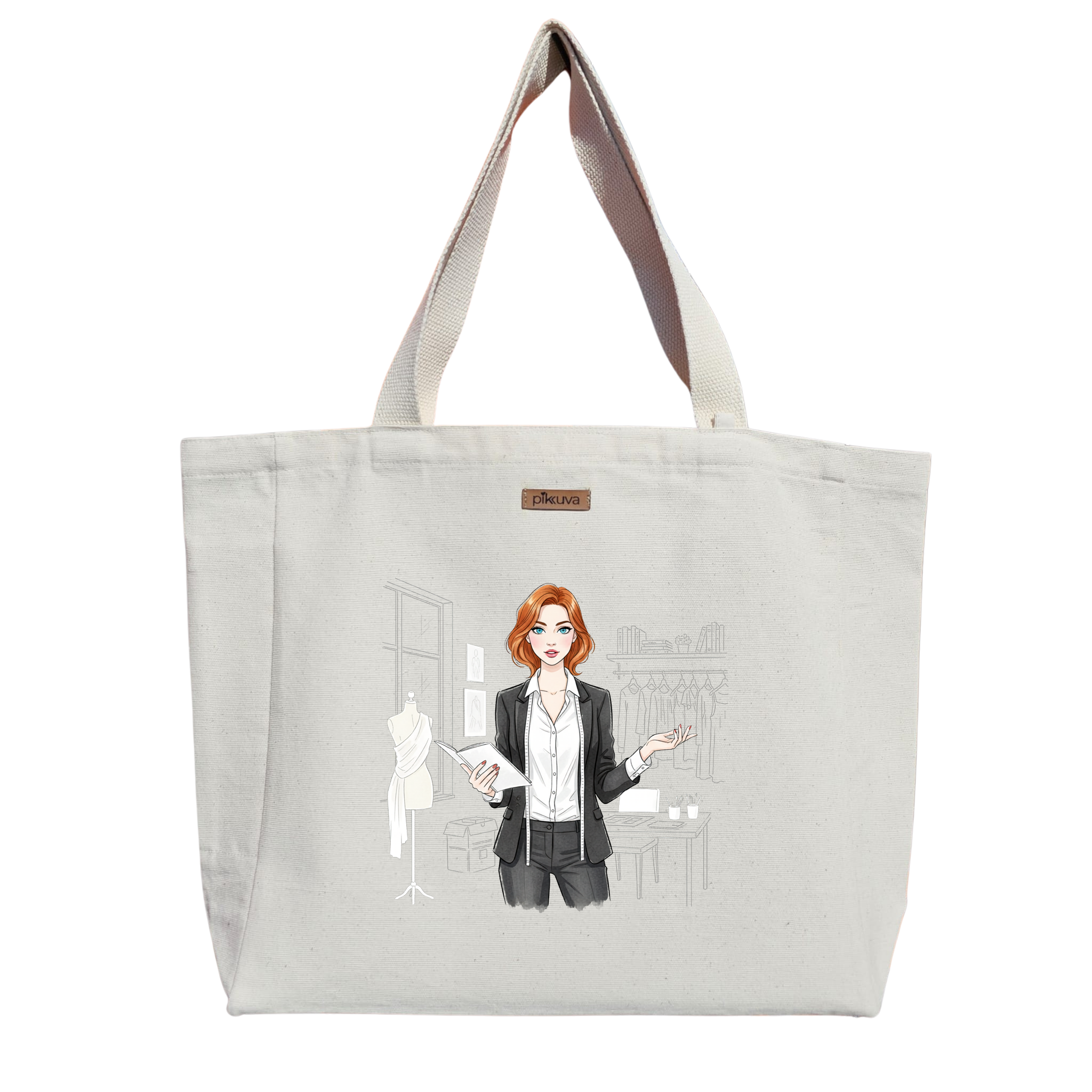 Natural Canvas Tote Bag, Natural Handle, White Velcro, Water Bottle Holder — 20x24