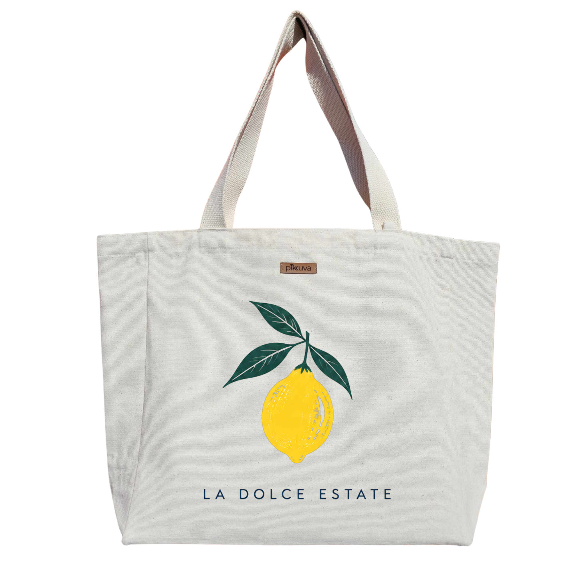 Natural Canvas Tote Bag, Natural Handle, White Velcro, Water Bottle Holder — 20x24