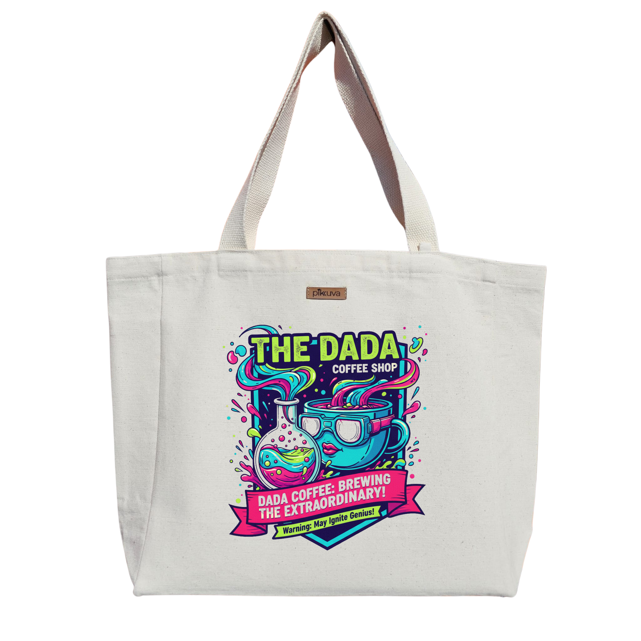Dada Kahvesi Sıradışı Lezzetler COFFEE BREWING THE EXTRAORDINARY Baskılı Naturel Kanvas Bez Çanta Sap Beyaz Cırt Cırtlı Suluk Tutuculu — 20x24