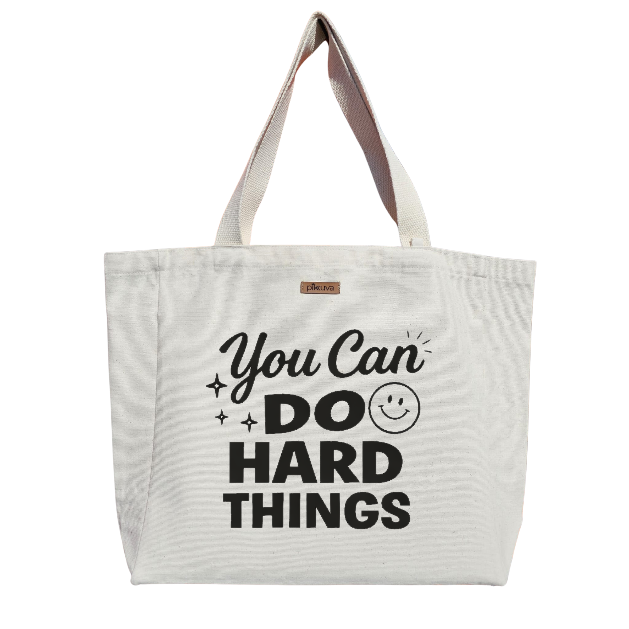 Natural Canvas Tote Bag, Natural Handle, White Velcro, Water Bottle Holder — 24x20