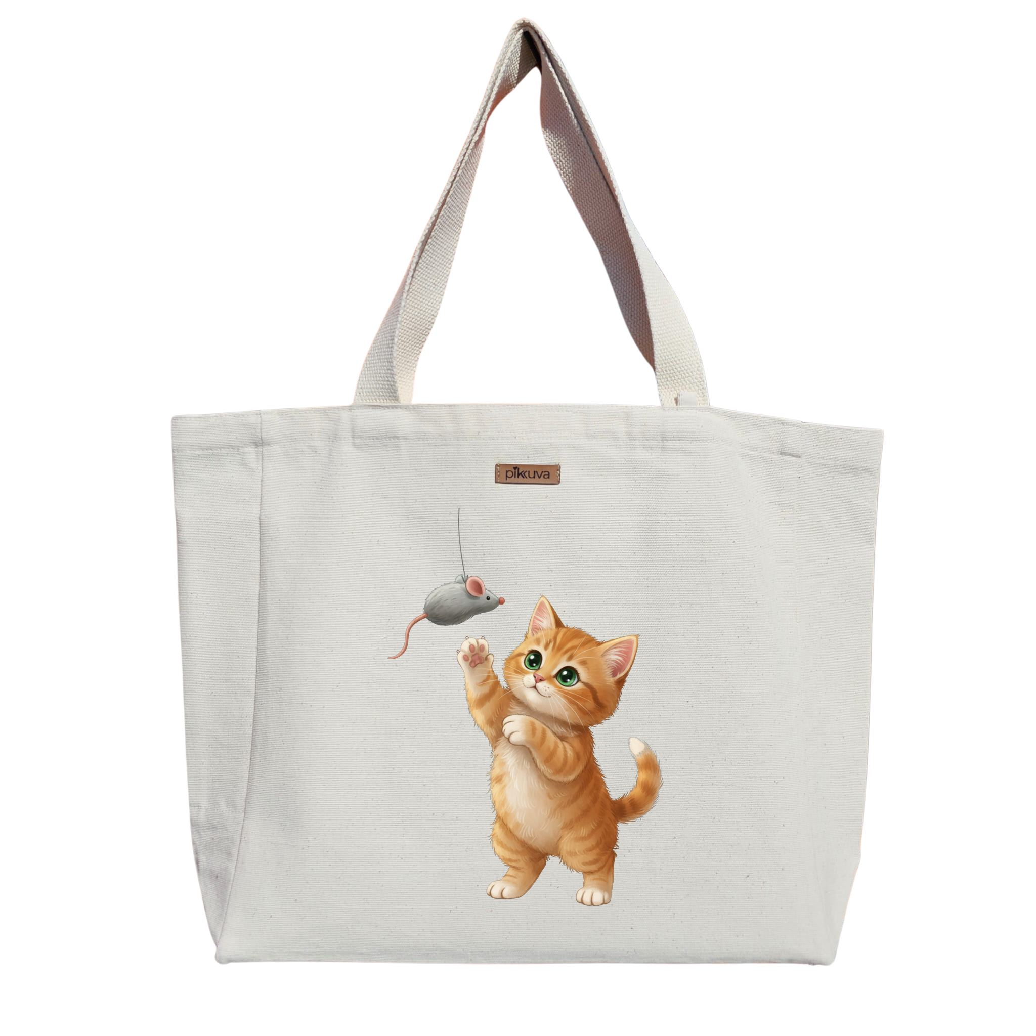 Oynamak İsteyen Sevimli Kedi Playful Cat Baskılı Naturel Kanvas Bez Çanta Sap Beyaz Cırt Cırtlı Suluk Tutuculu — 20x24
