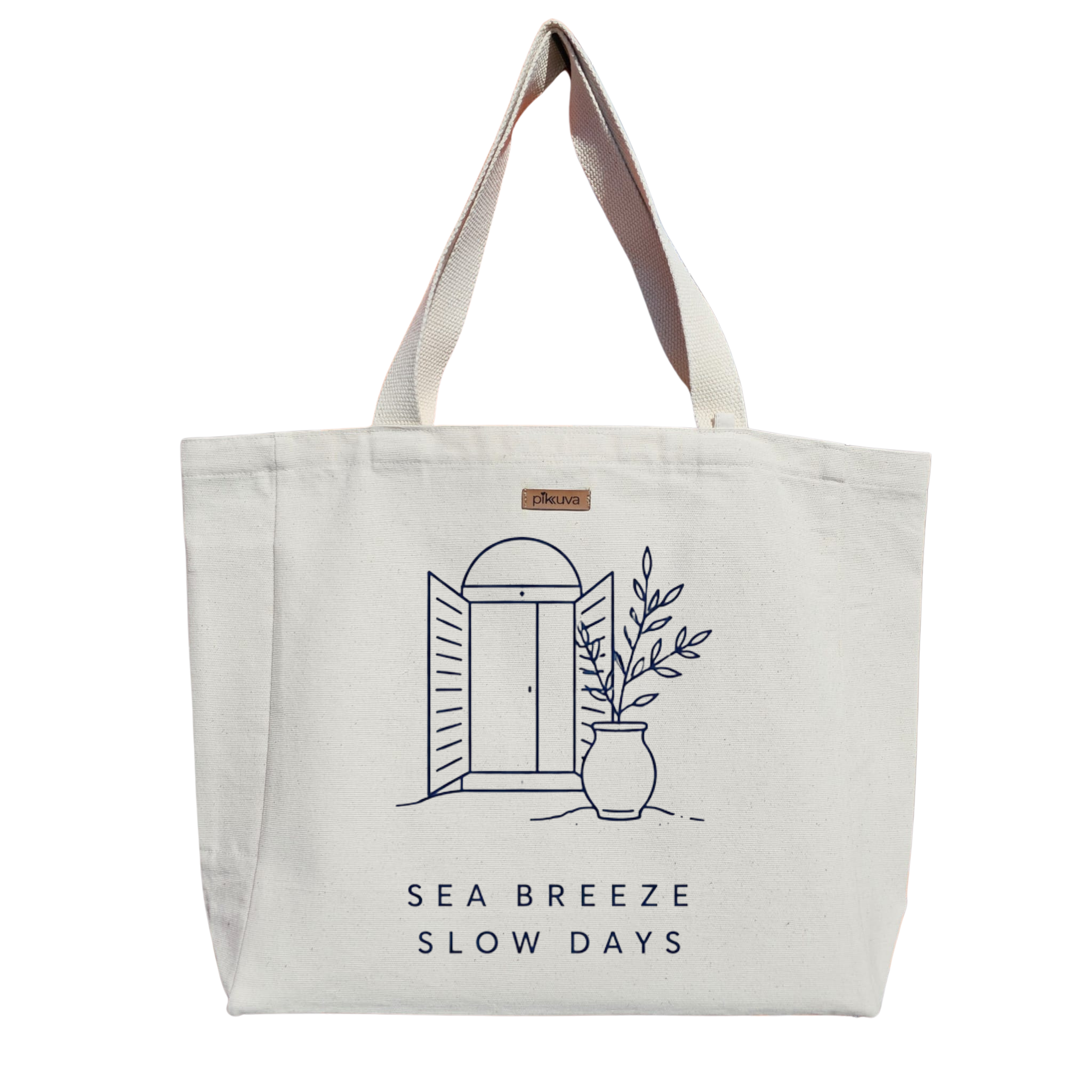 Natural Canvas Tote Bag, Natural Handle, White Velcro, Water Bottle Holder — 20x24