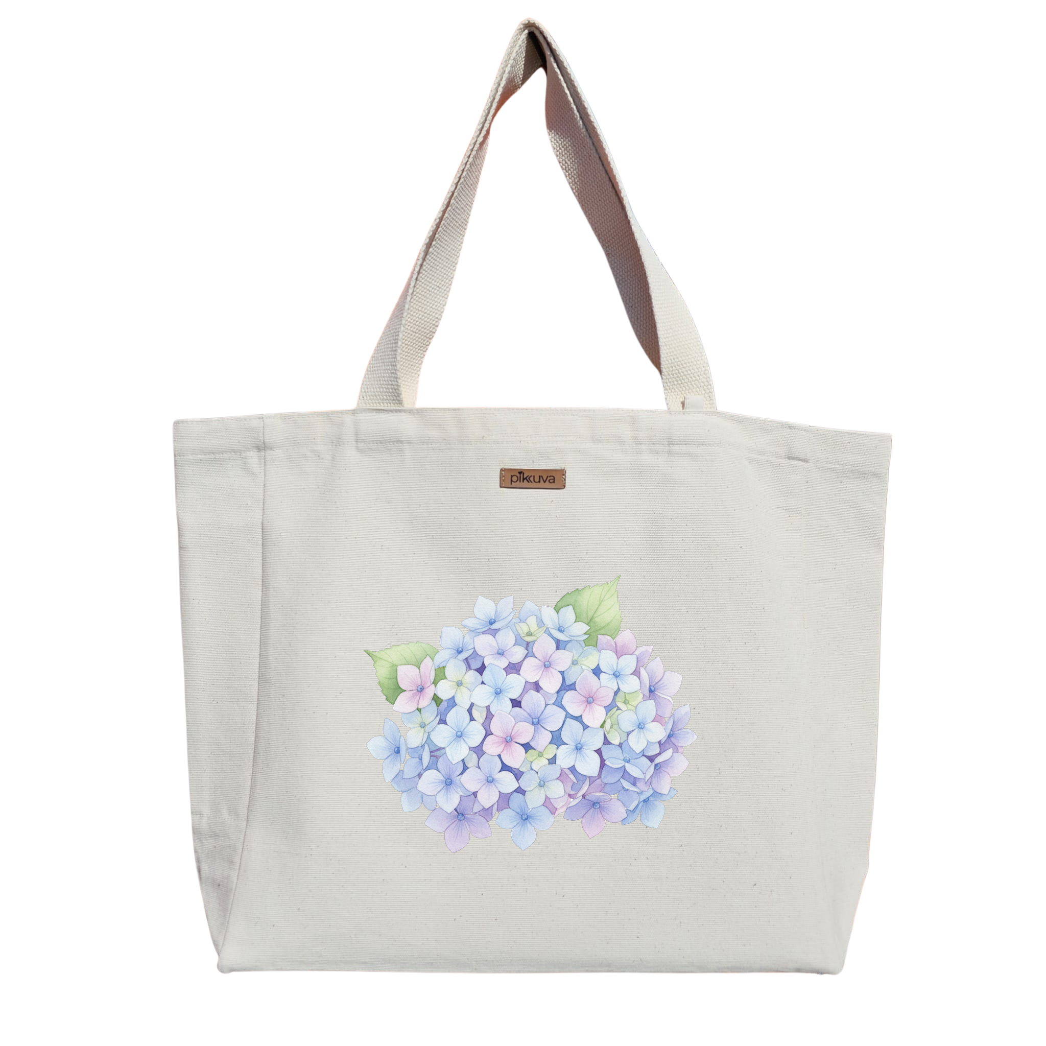 Pastel Renklerde Ortanca Çiçekleri Colors of Hydrangeas Baskılı Naturel Kanvas Bez Çanta Sap Beyaz Cırt Cırtlı Suluk Tutuculu — 20x24