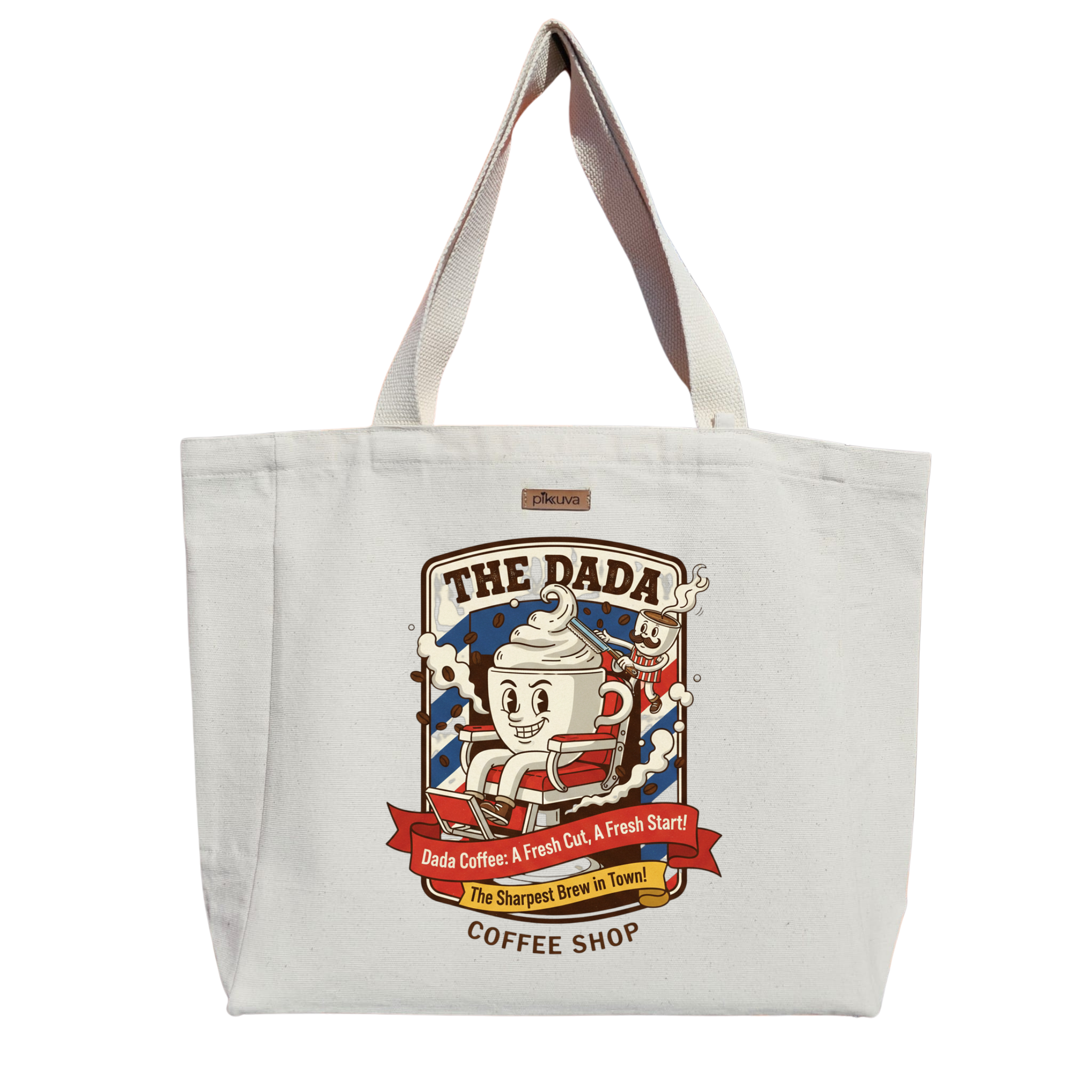 Dada Kahvesi Eğlenceli Tasarım The Sharpest Brew in Town Baskılı Naturel Kanvas Bez Çanta Sap Beyaz Cırt Cırtlı Suluk Tutuculu — 20x24