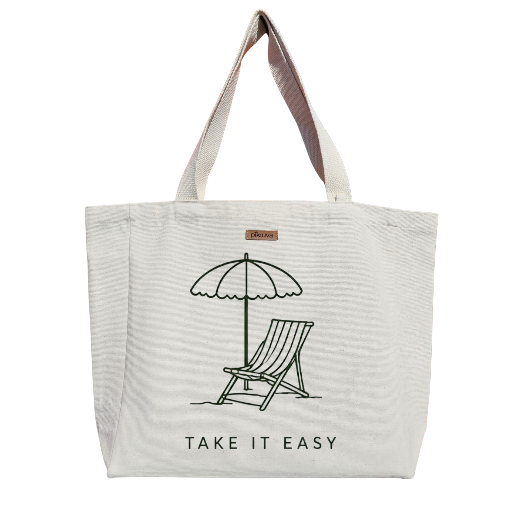 Rahatlama Anı Şezlong ve Şemsiye TAKE IT EASY Baskılıı Naturel Kanvas Bez Çanta Sap Beyaz Cırt Cırtlı Suluk Tutuculu — 20x24
