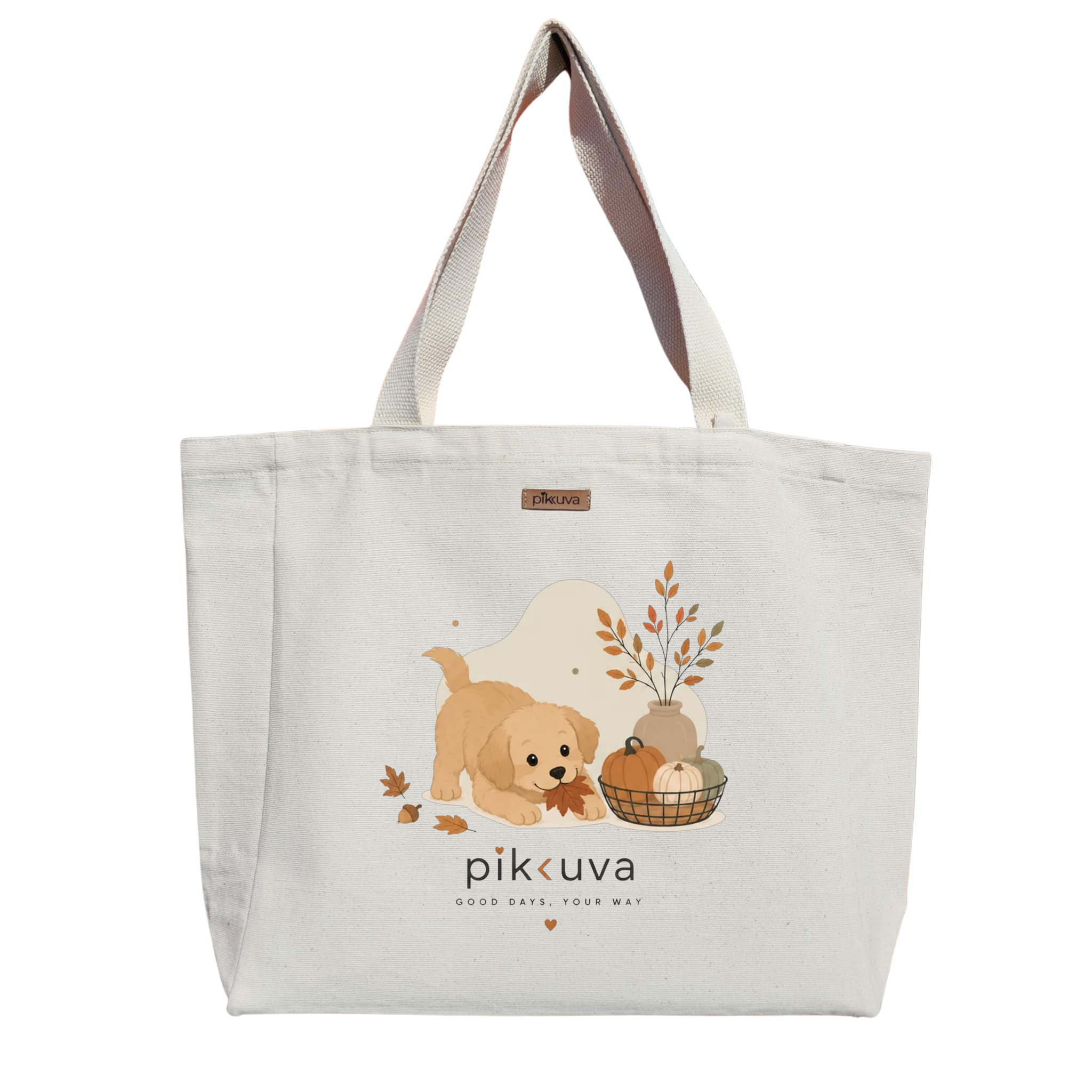 Natural Canvas Tote Bag, Natural Handle, White Velcro, Water Bottle Holder — 20x24