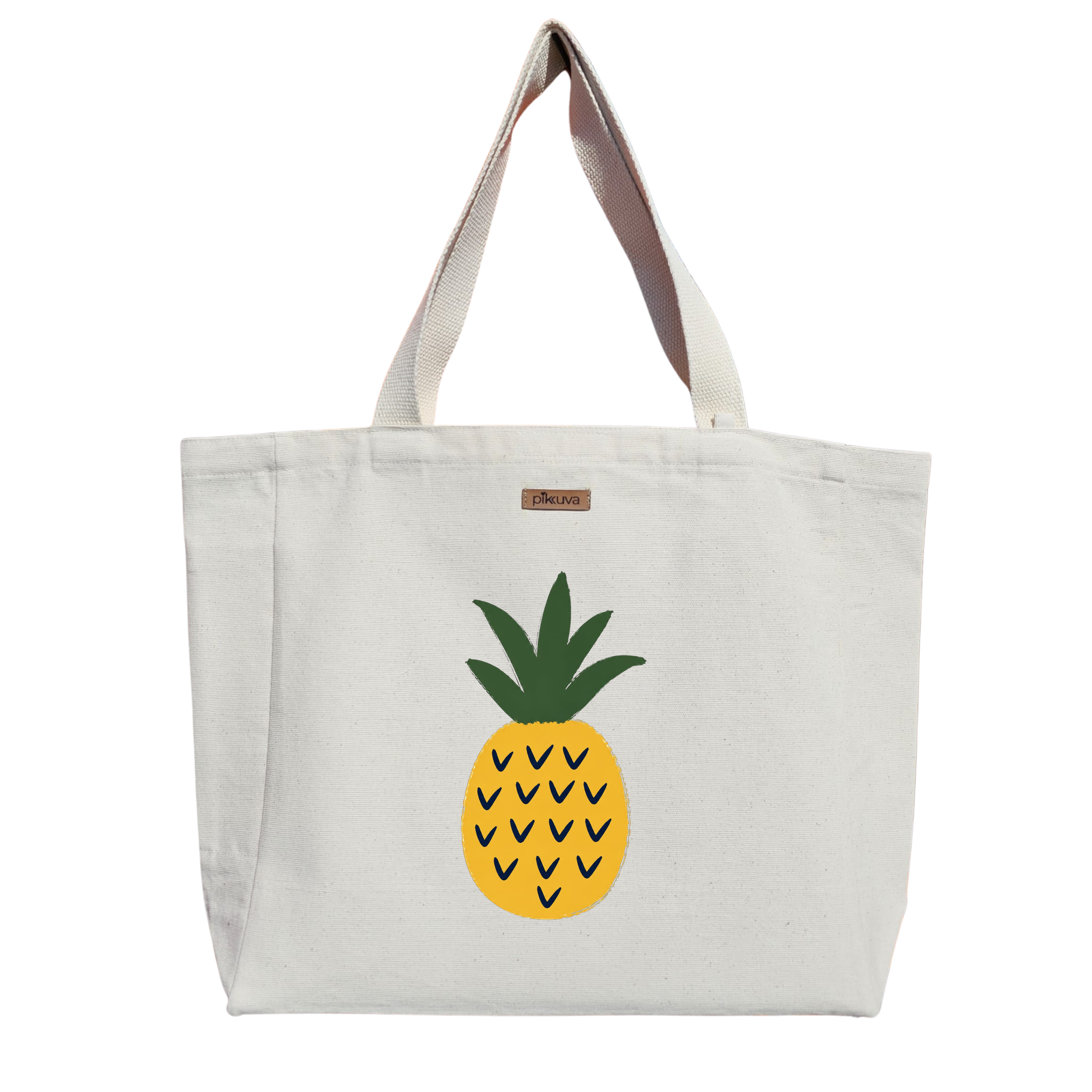 Tropikal Ananas Deseni Tropical Pineapple Design Baskılı Naturel Kanvas Bez Çanta Sap Beyaz Cırt Cırtlı Suluk Tutuculu — 12x20