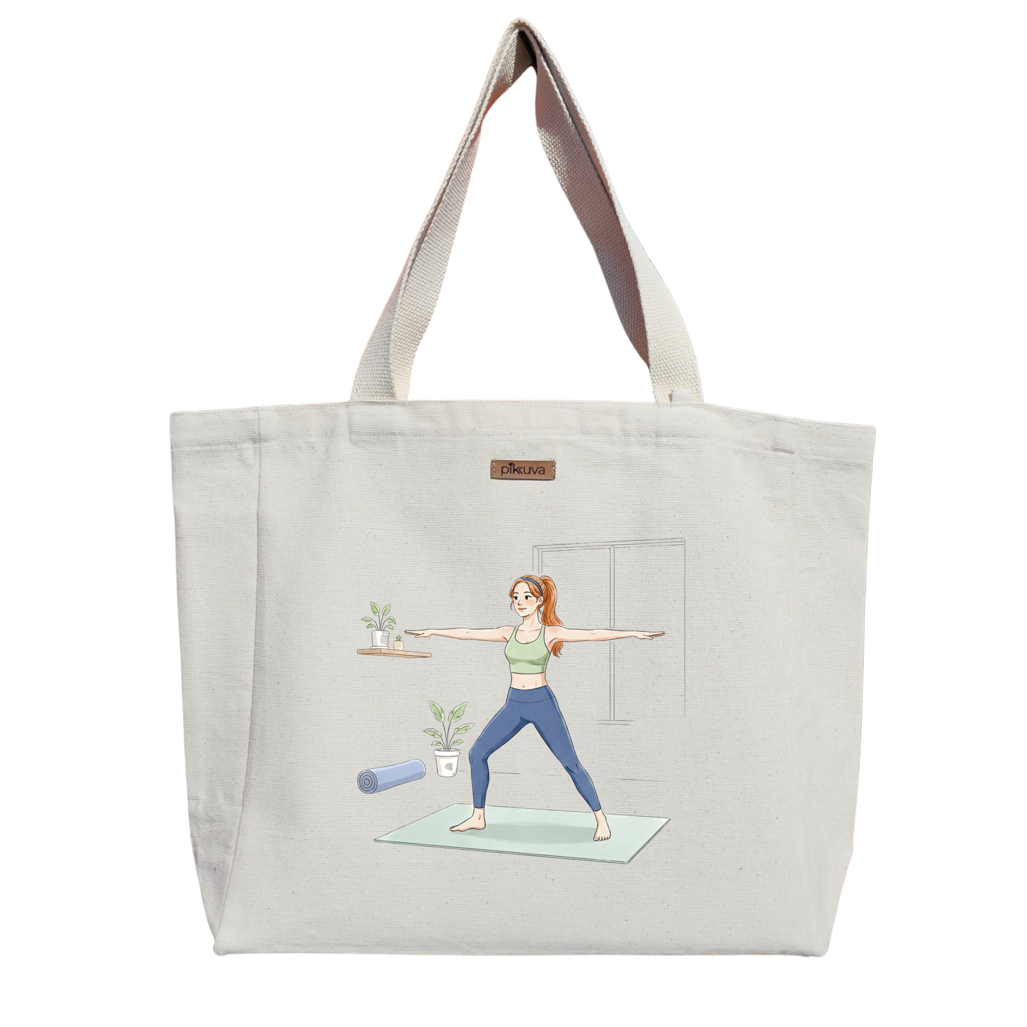Natural Canvas Tote Bag, Natural Handle, White Velcro, Water Bottle Holder — 20x24