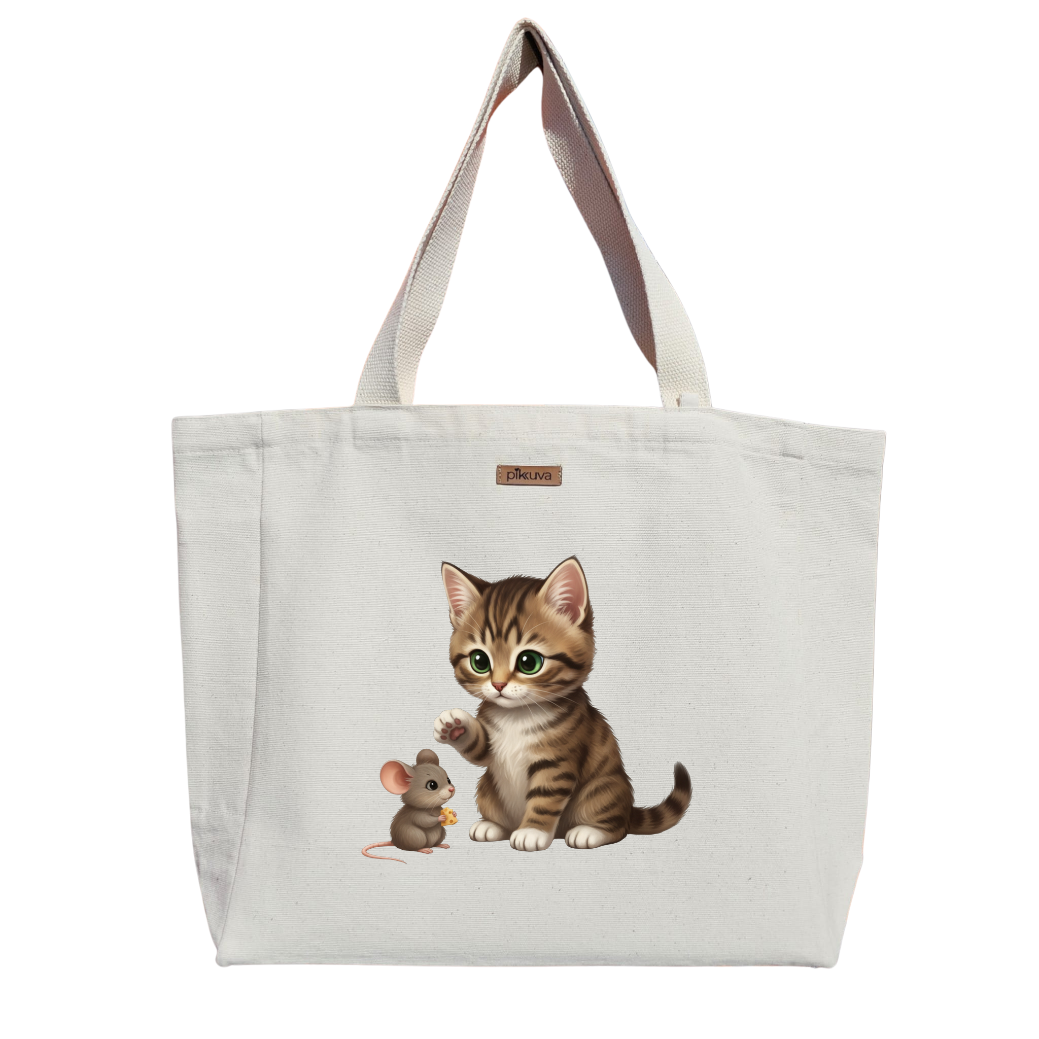 Sevimli Kedi ve Fare Dostluğu Cute cat and mouse friendship Baskılı Naturel Kanvas Bez Çanta Sap Beyaz Cırt Cırtlı Suluk Tutuculu — 20x24