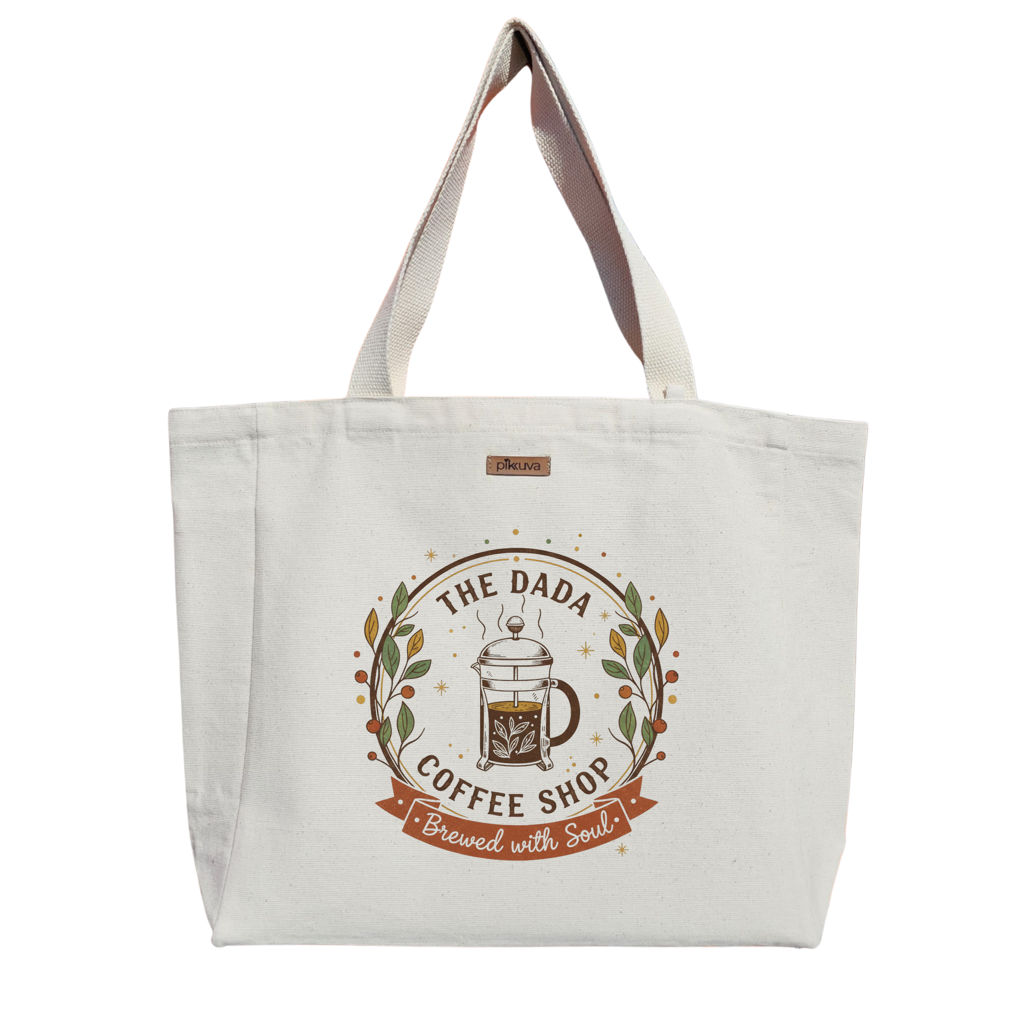 Natural Canvas Tote Bag, Natural Handle, White Velcro, Water Bottle Holder — 20x24