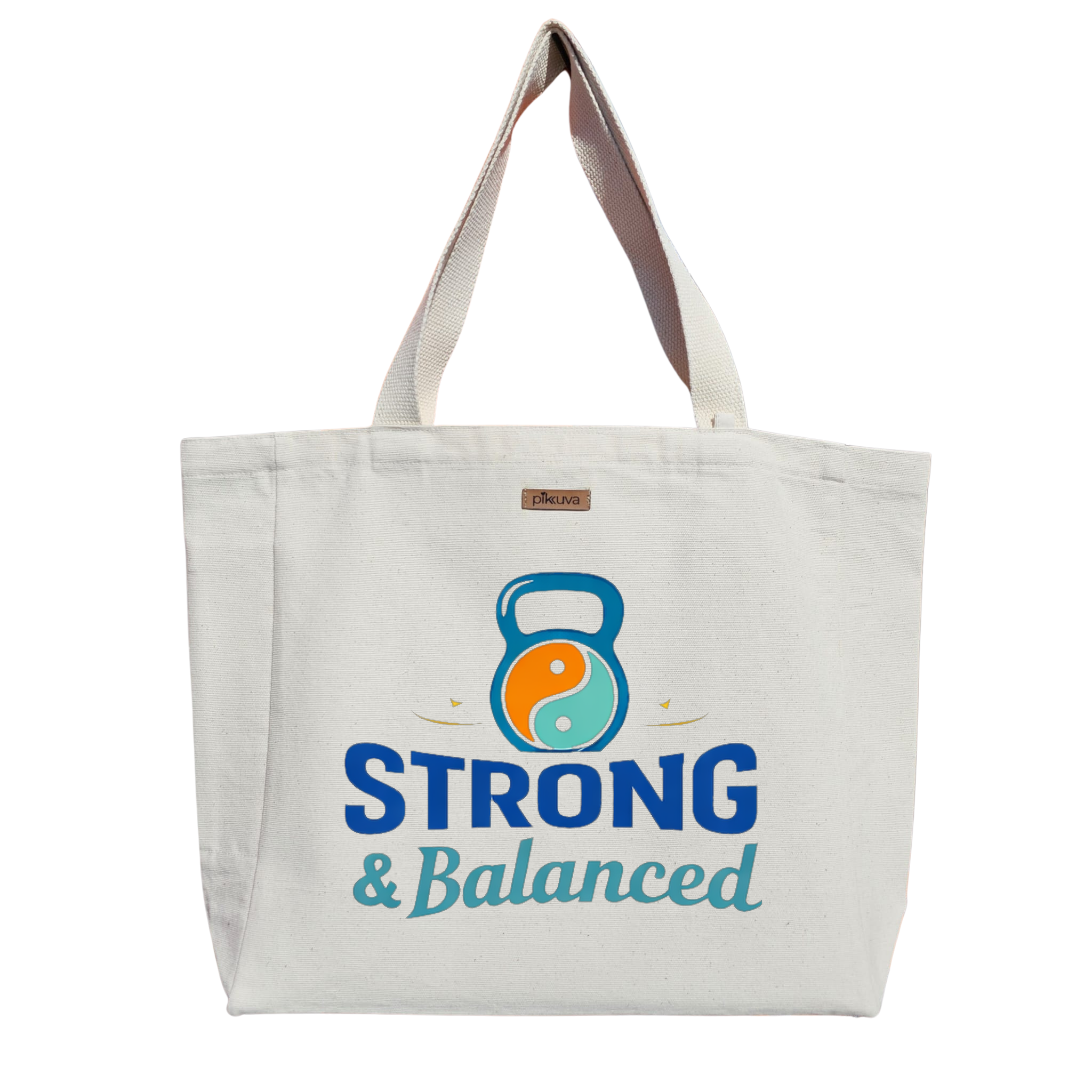 Dengeli Güç Kettlebell Tasarımı Strong Baskılı Naturel Kanvas Bez Çanta Sap Beyaz Cırt Cırtlı Suluk Tutuculu — 24x20