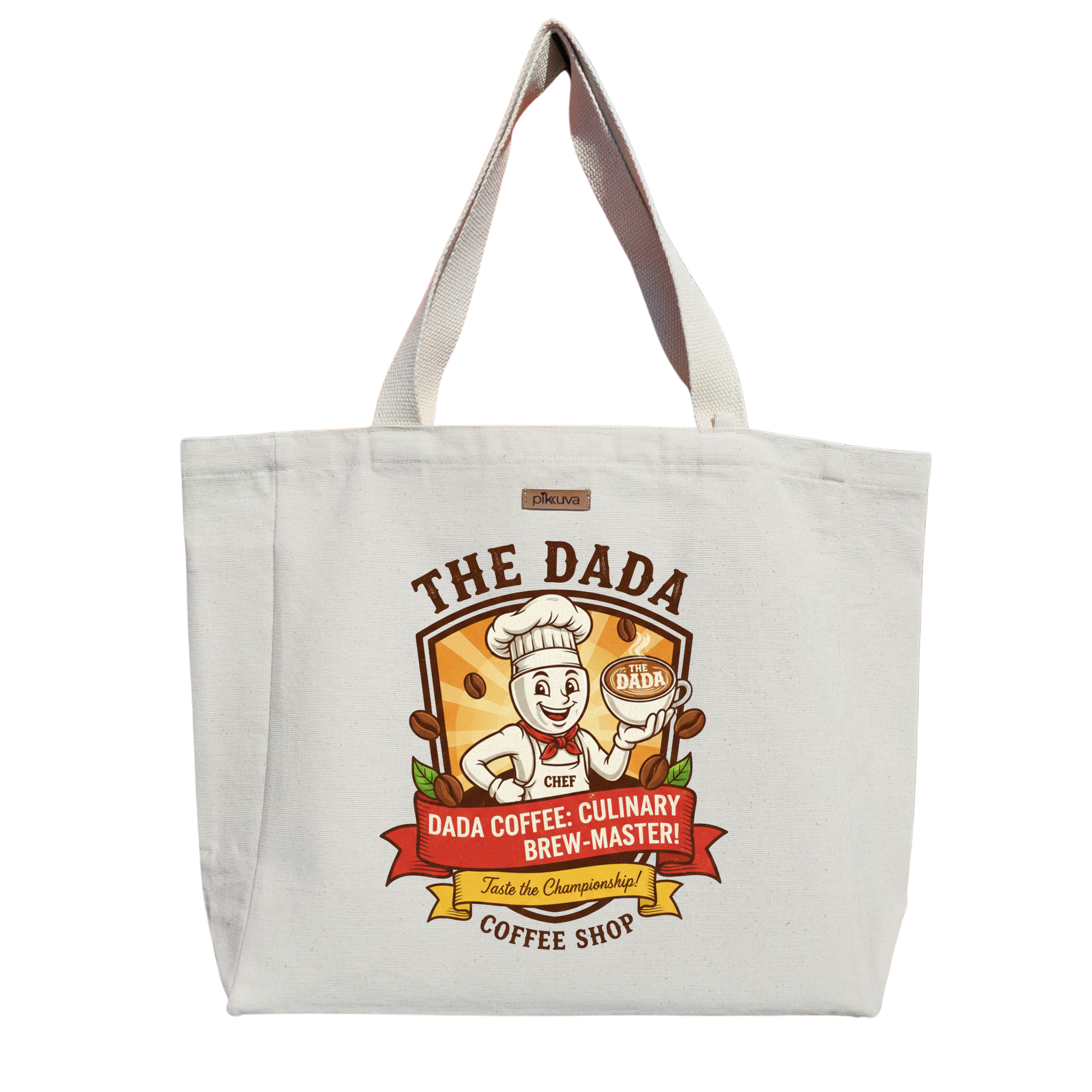 Dada Kahve Ustası Tasarımı COFFEE CULINARY BREW MASTER Baskılı Naturel Kanvas Bez Çanta Sap Beyaz Cırt Cırtlı Suluk Tutuculu — 20x24