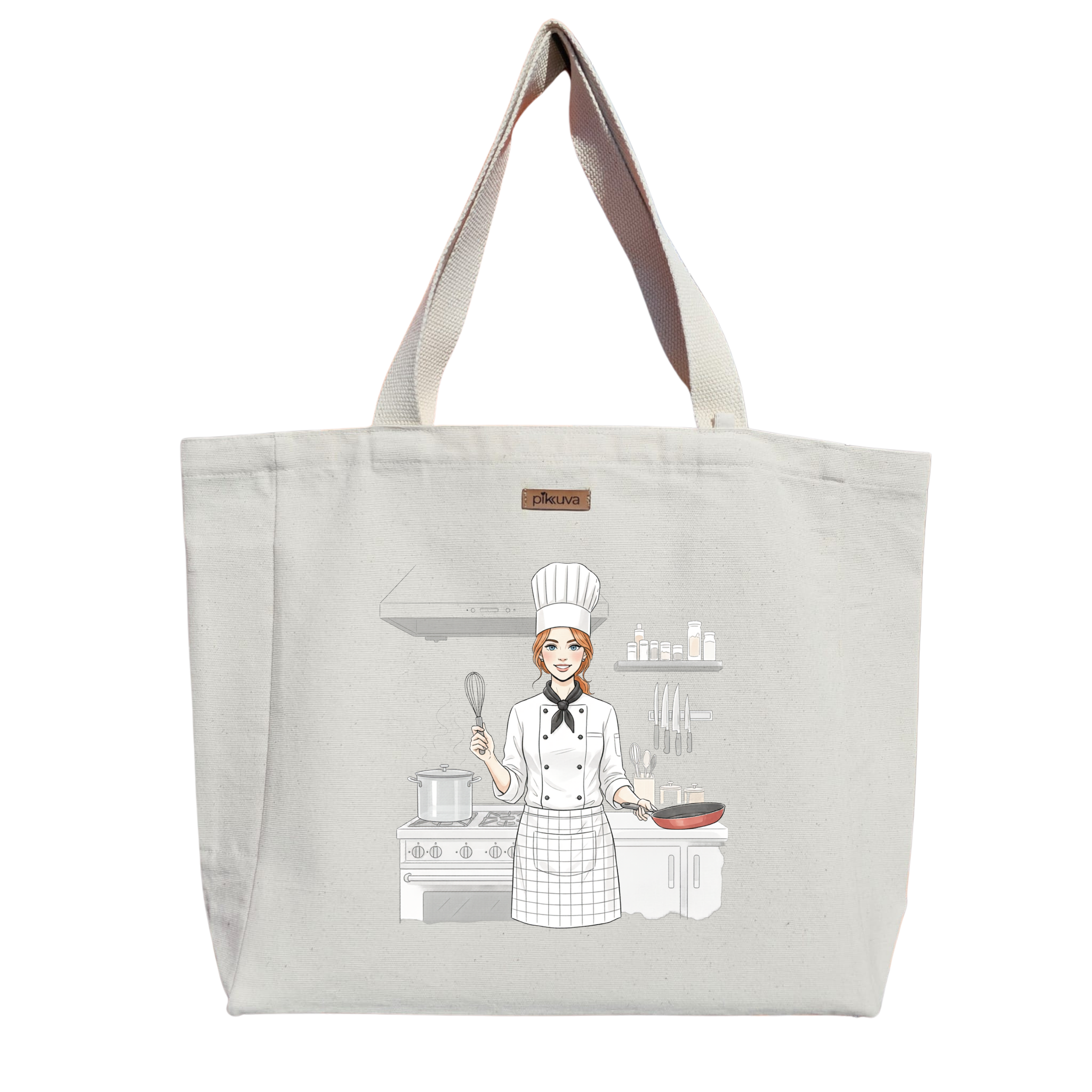 Natural Canvas Tote Bag, Natural Handle, White Velcro, Water Bottle Holder — 20x24