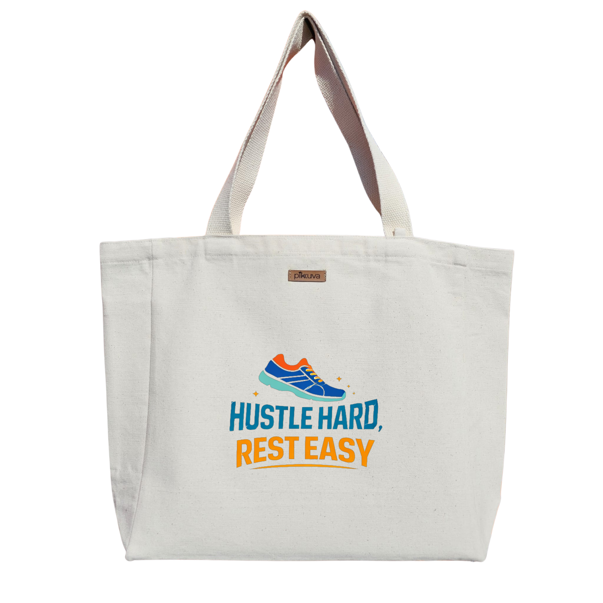 Natural Canvas Tote Bag, Natural Handle, White Velcro, Water Bottle Holder — 20x12