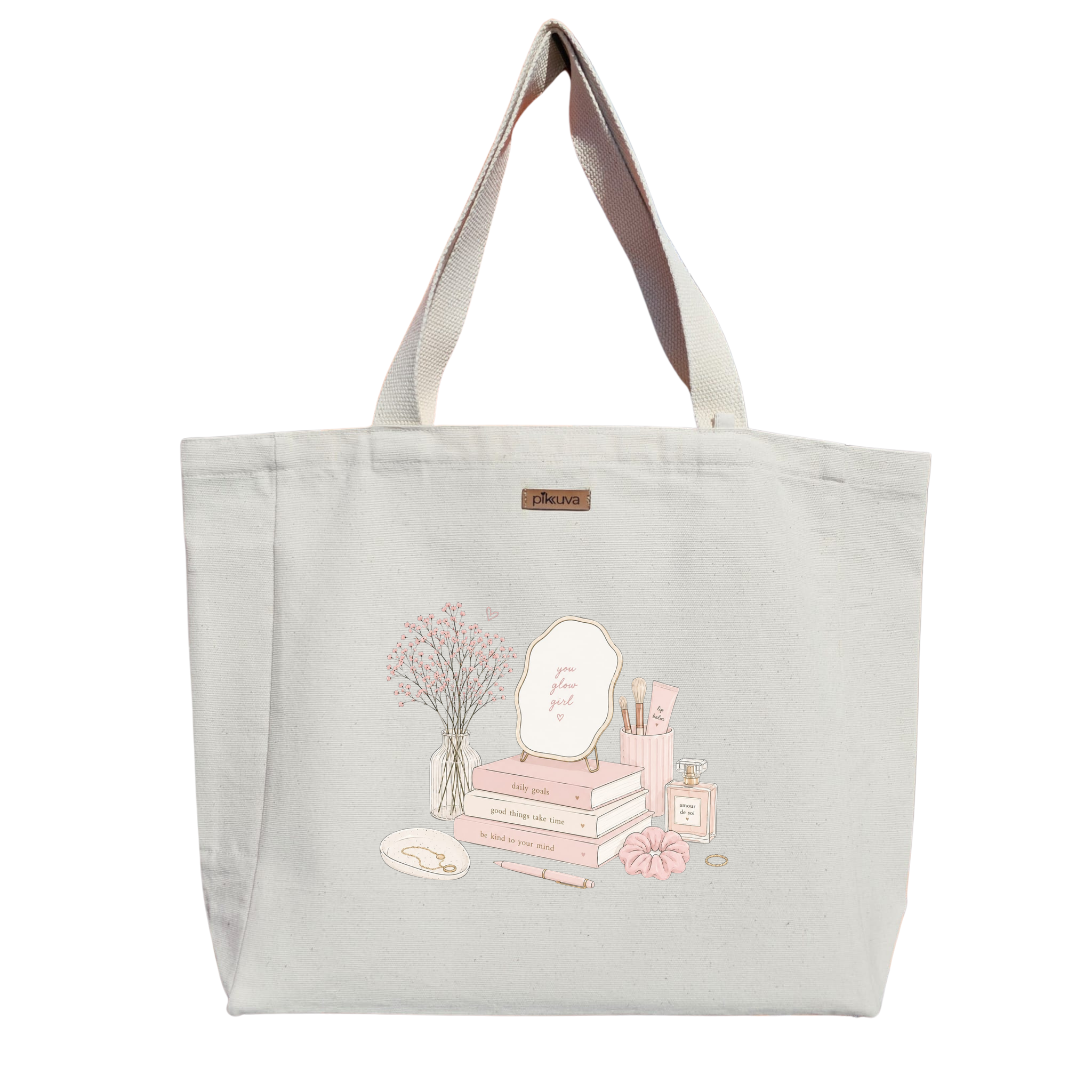 Pembe Tonlarda Günlük Hedefler you glow girl Baskılı Naturel Kanvas Bez Çanta Sap Beyaz Cırt Cırtlı Suluk Tutuculu — 20x24