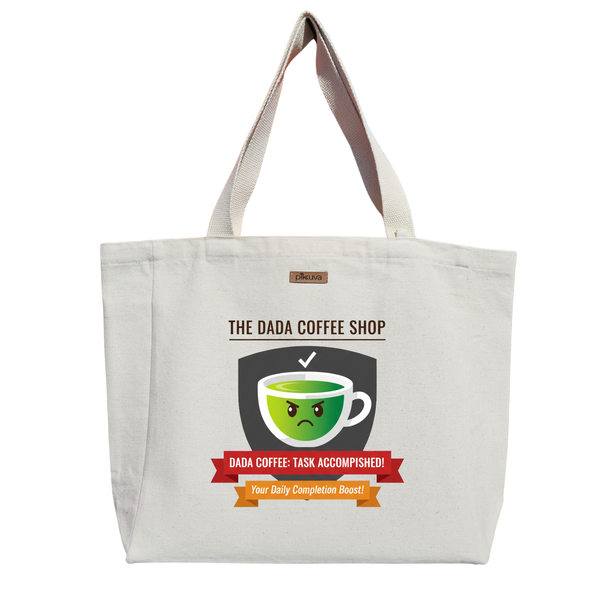 Dada Kahve Dükkanı Tamamlanan Görev COFFEE TASK ACCOMPLISHED Baskılı Naturel Kanvas Bez Çanta Sap Beyaz Cırt Cırtlı Suluk Tutuculu — 20x24