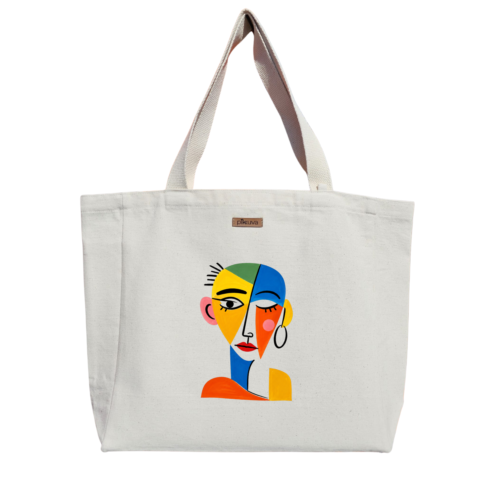 Natural Canvas Tote Bag, Natural Handle, White Velcro, Water Bottle Holder — 12x20