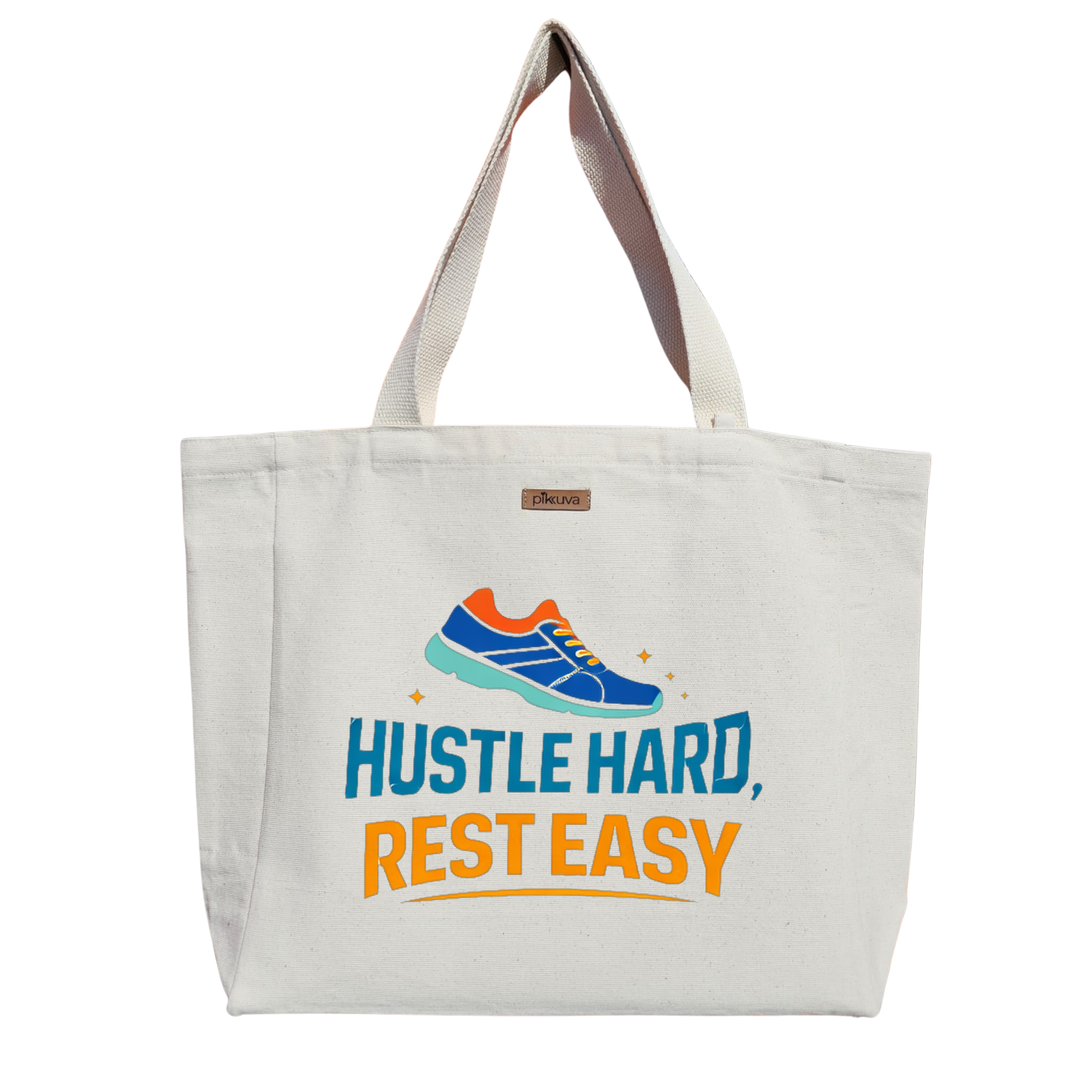 Natural Canvas Tote Bag, Natural Handle, White Velcro, Water Bottle Holder — 24x20