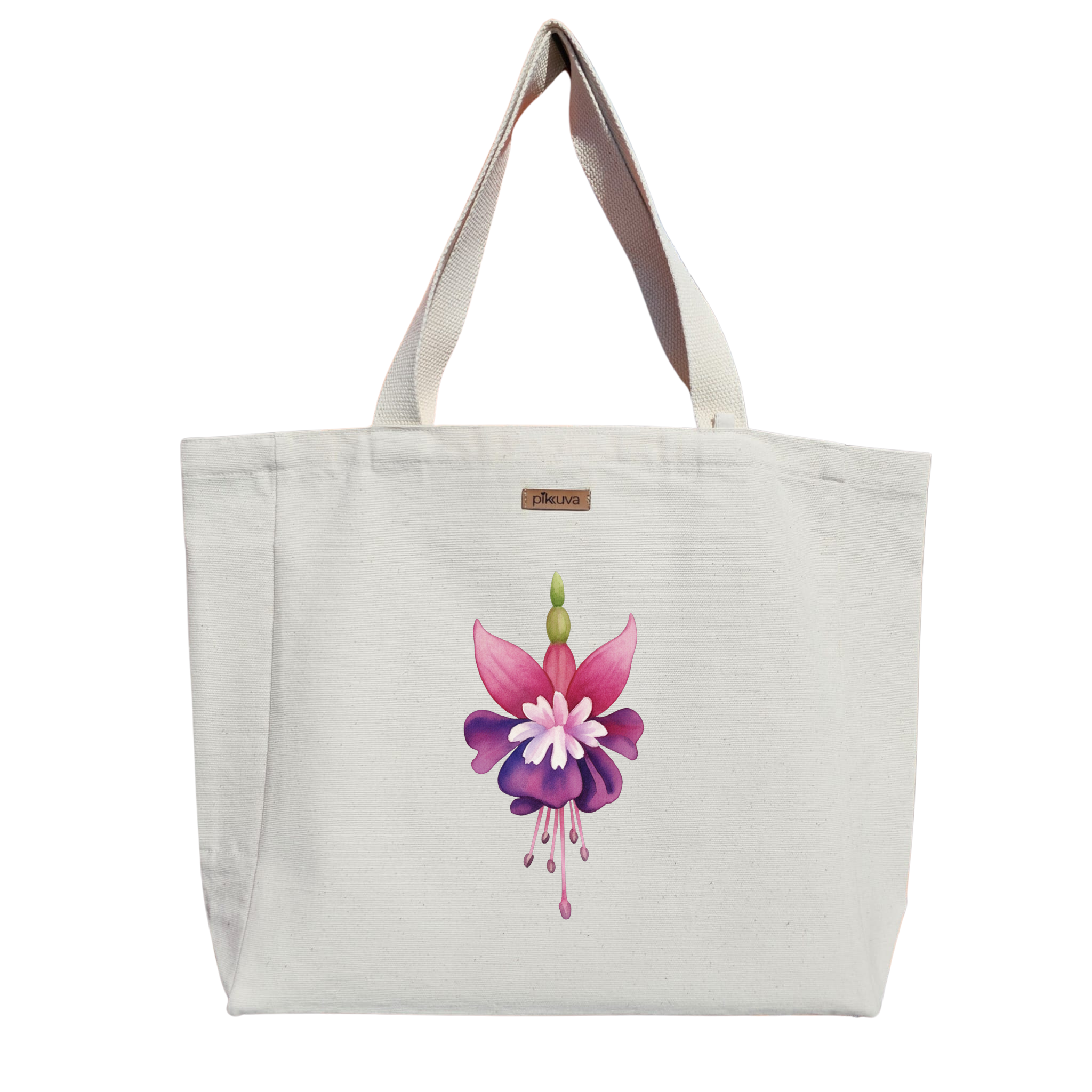Renkli Fuchsia Çiçeği Tasarımı flower Baskılı Naturel Kanvas Bez Çanta Sap Beyaz Cırt Cırtlı Suluk Tutuculu — 12x20
