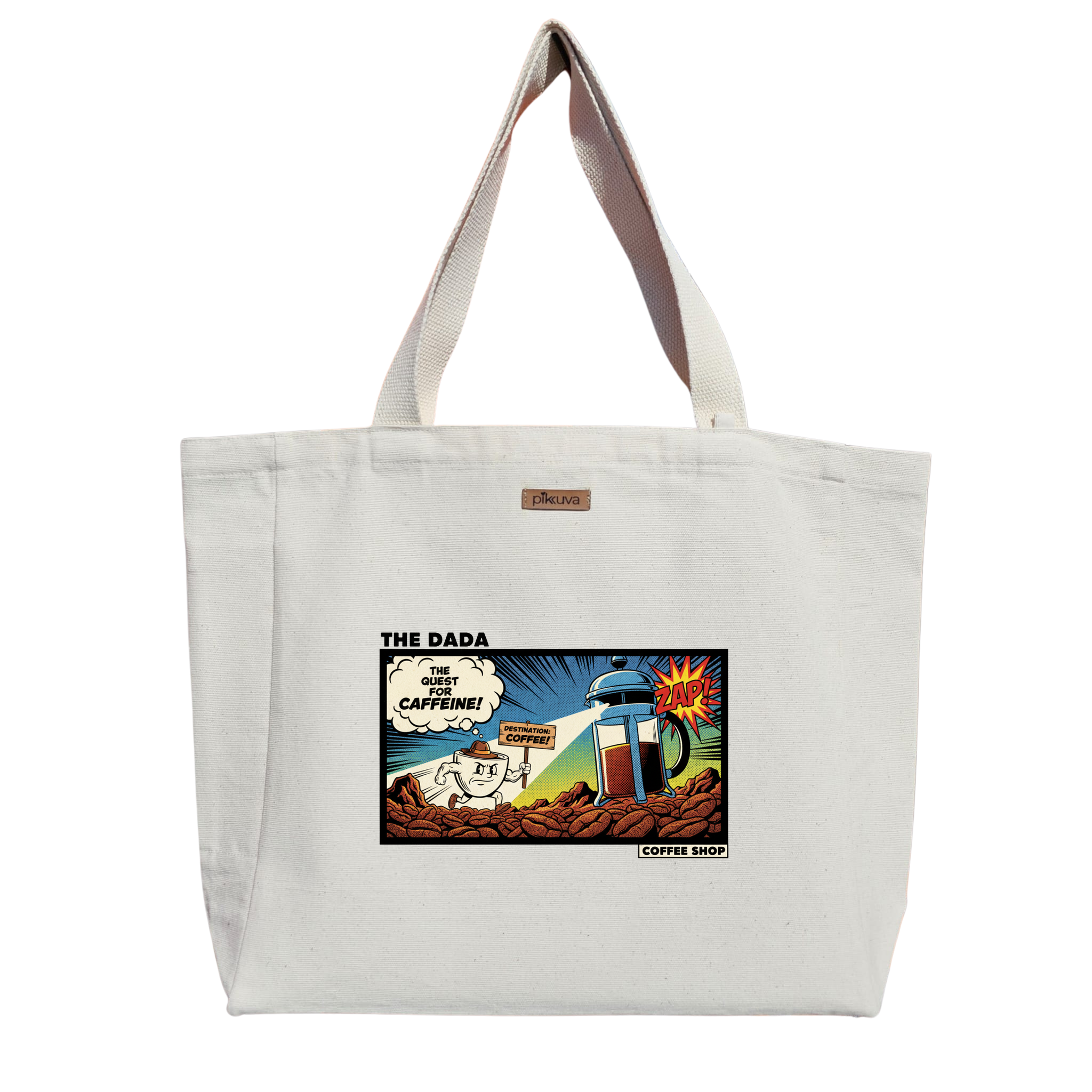 Natural Canvas Tote Bag, Natural Handle, White Velcro, Water Bottle Holder — 20x24