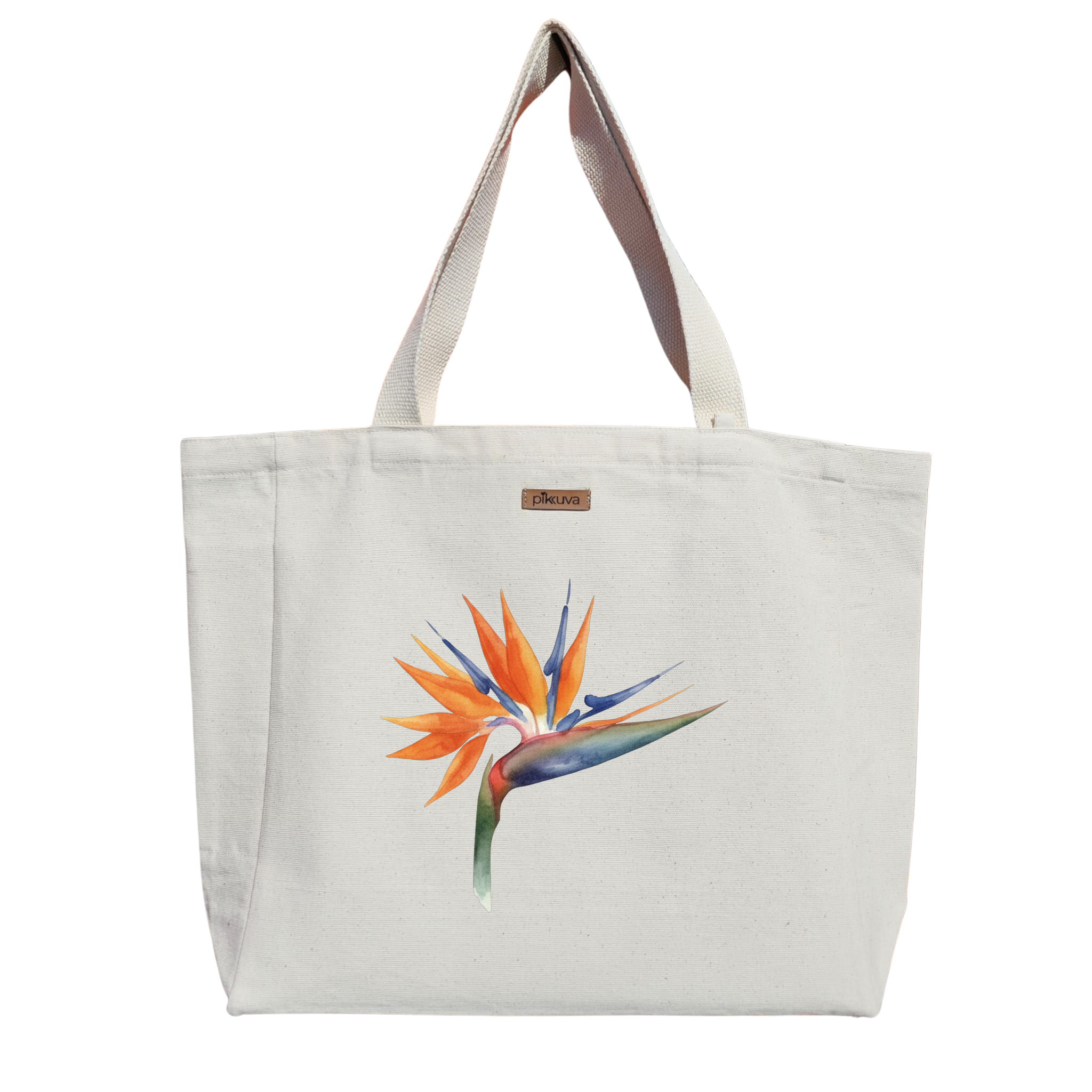 Natural Canvas Tote Bag, Natural Handle, White Velcro, Water Bottle Holder — 20x24