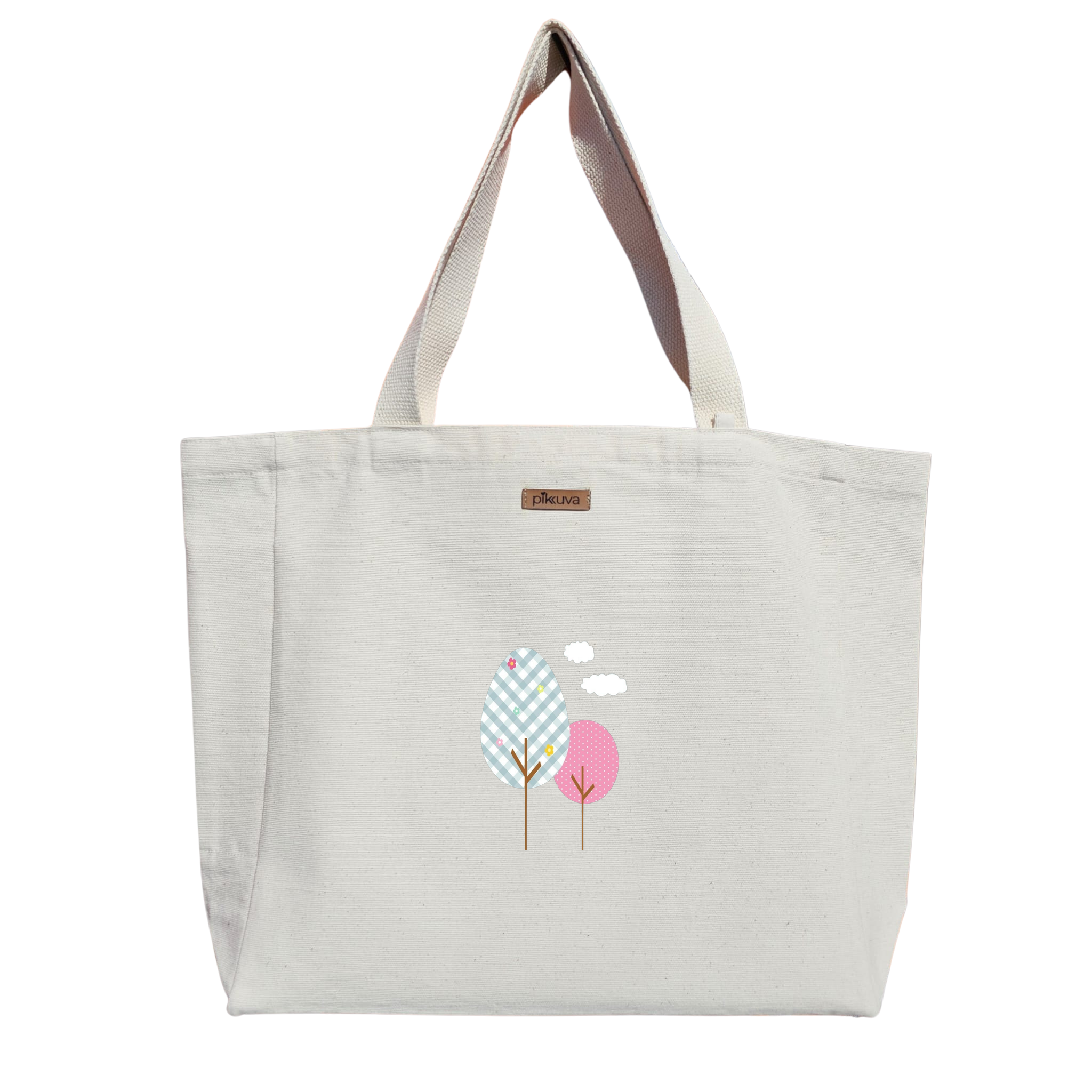 Natural Canvas Tote Bag, Natural Handle, White Velcro, Water Bottle Holder