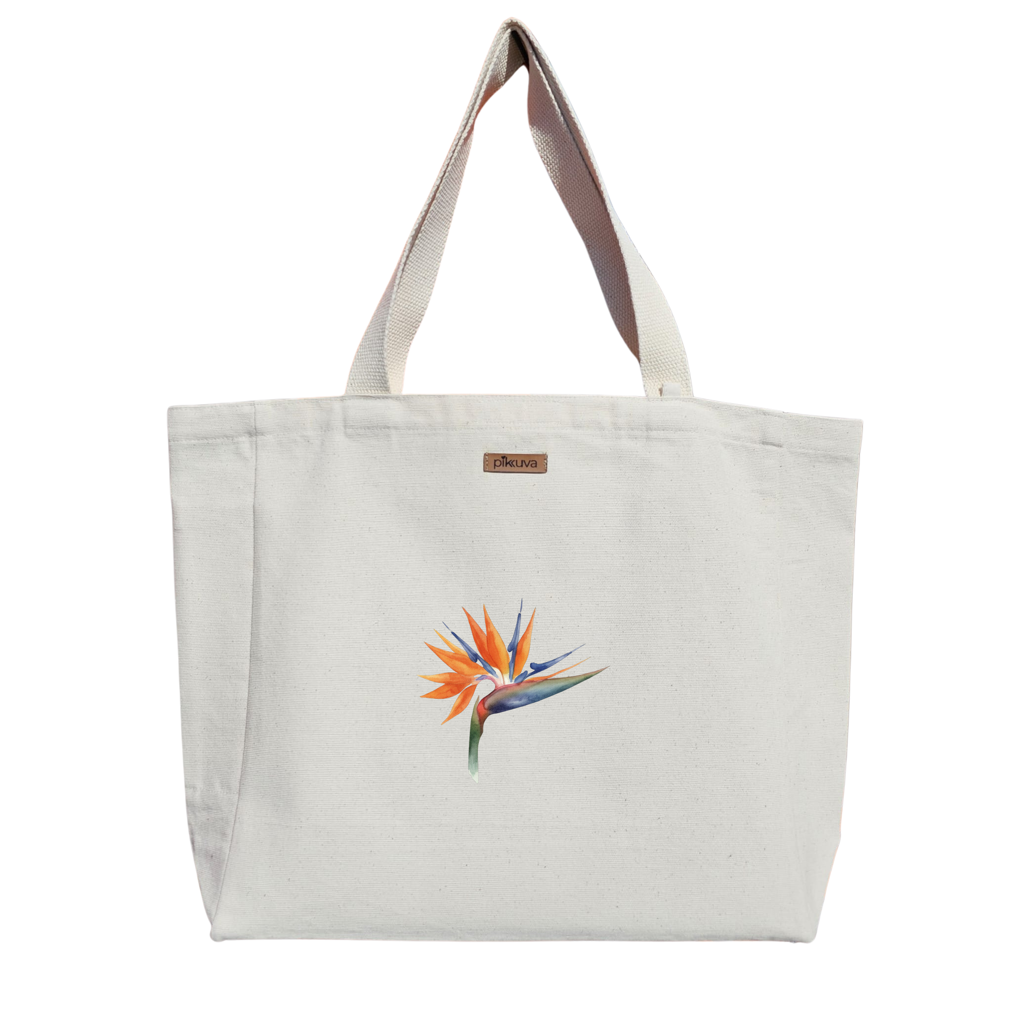 Natural Canvas Tote Bag, Natural Handle, White Velcro, Water Bottle Holder — 12x20