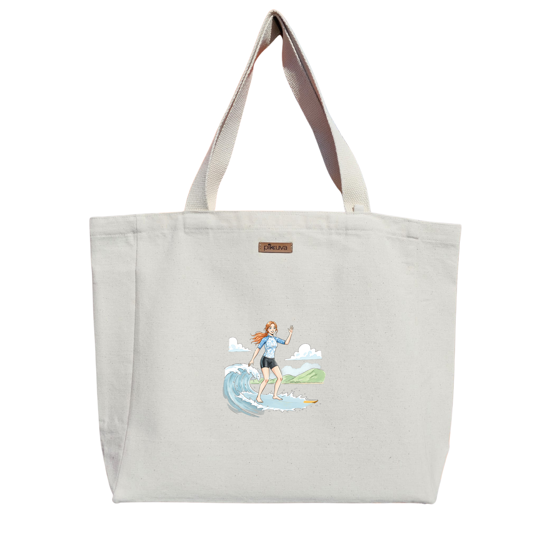 Dalga Üzerinde Dans Eden Genç Kız Dancing on the waves Baskılı Naturel Kanvas Bez Çanta Sap Beyaz Cırt Cırtlı Suluk Tutuculu — 12x20