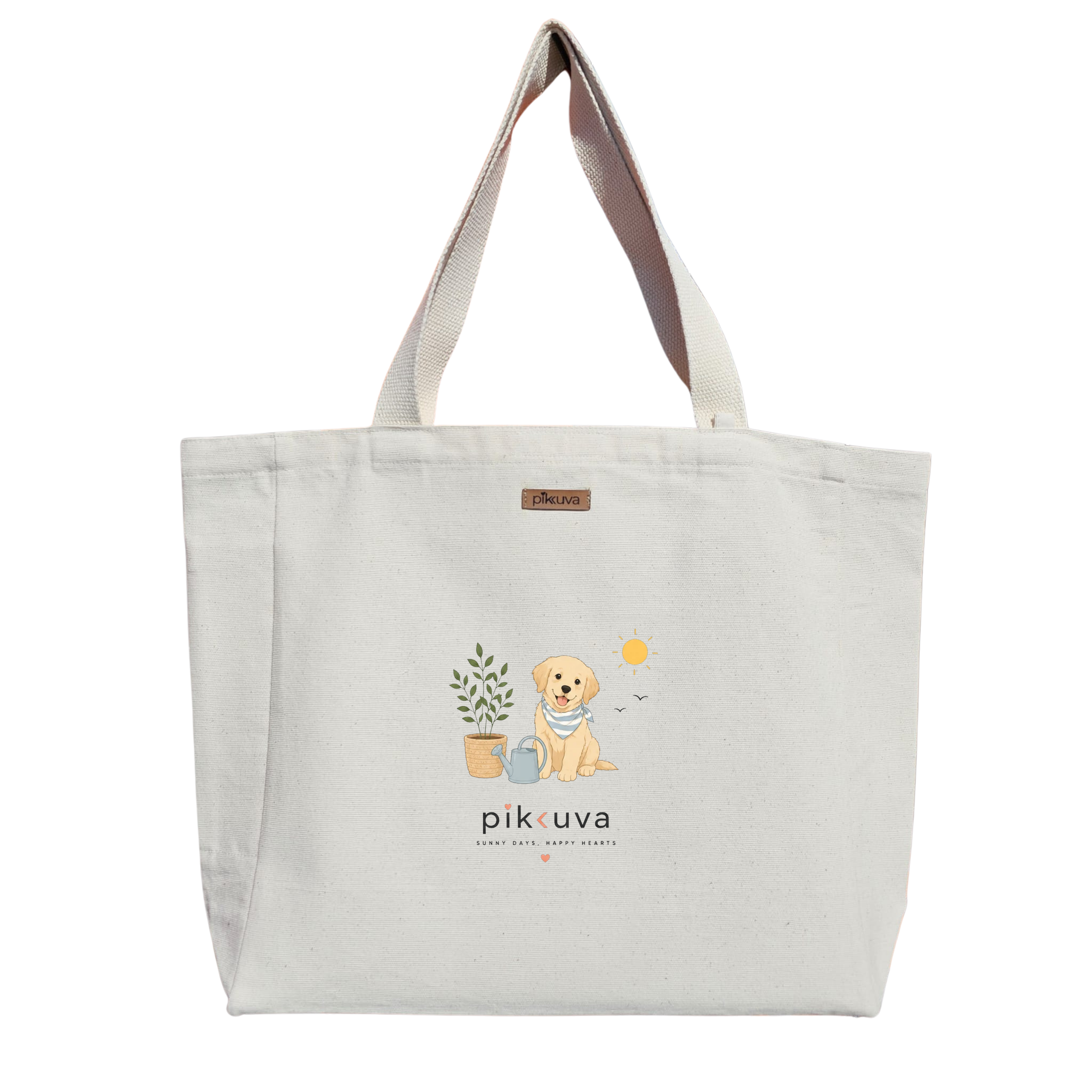 Natural Canvas Tote Bag, Natural Handle, White Velcro, Water Bottle Holder — 12x20