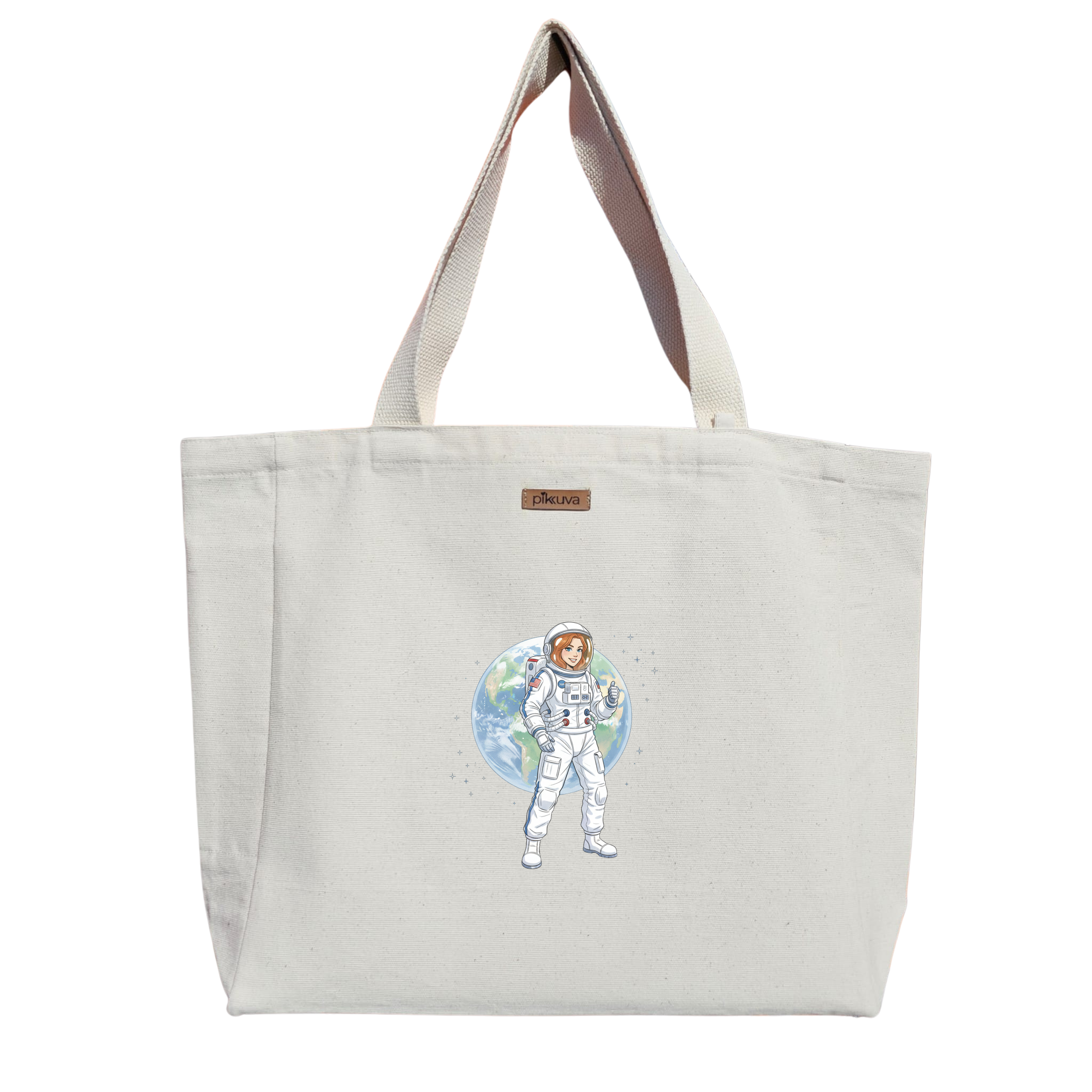 Uzayda Gülümseyen Astronot Smiling Astronaut Baskılı Naturel Kanvas Bez Çanta Sap Beyaz Cırt Cırtlı Suluk Tutuculu — 12x20
