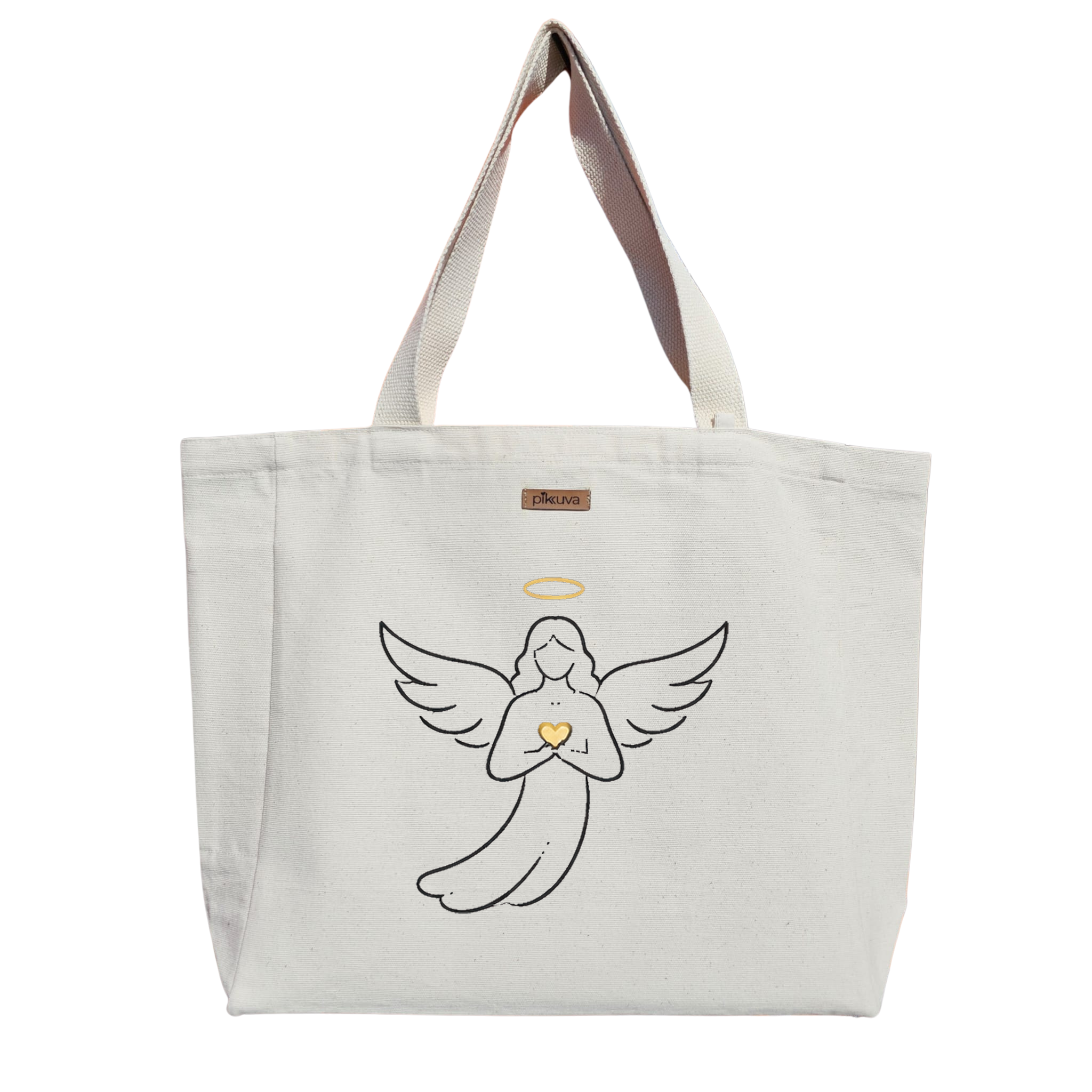 Natural Canvas Tote Bag, Natural Handle, White Velcro, Water Bottle Holder — 20x24