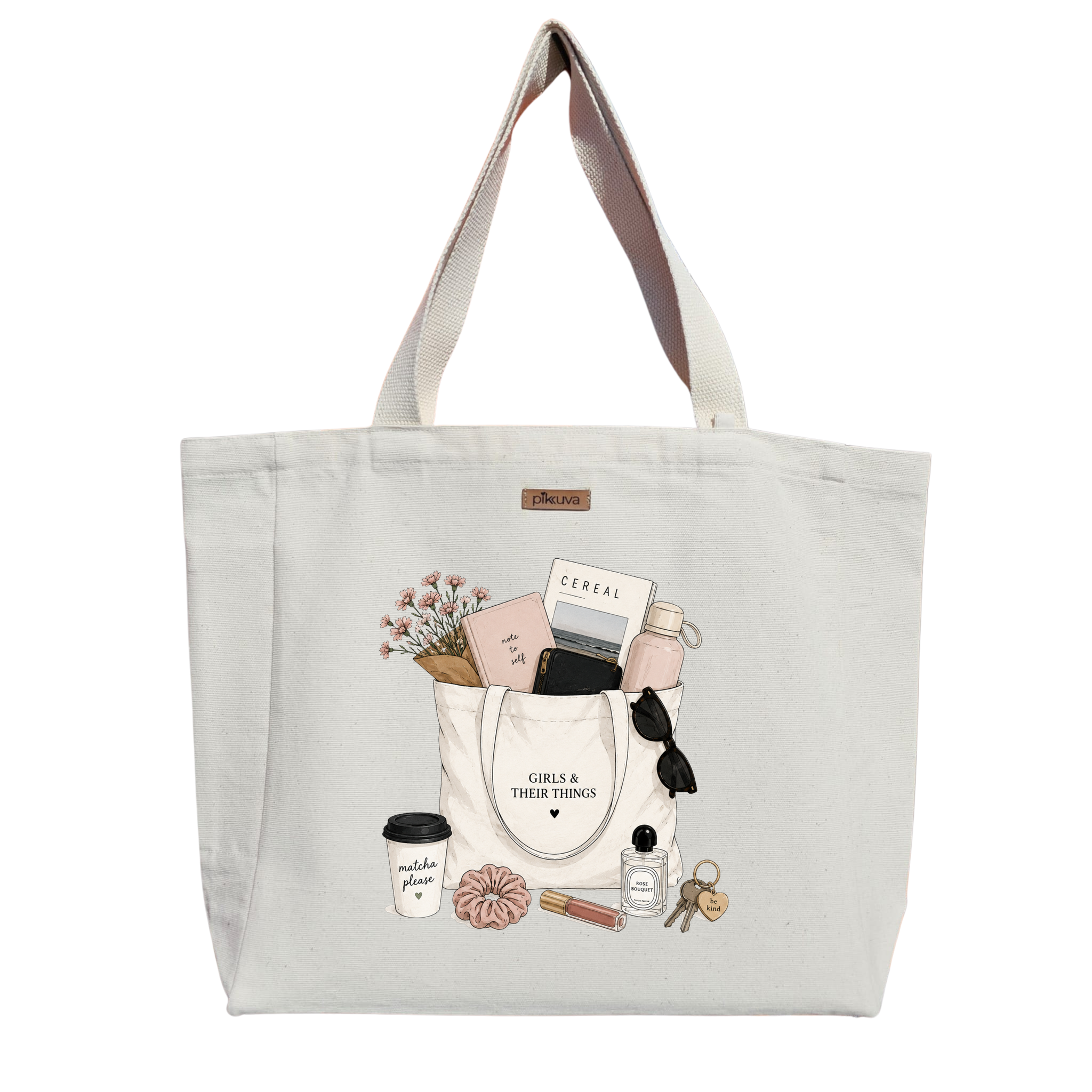 Kızların Günlük Eşyaları GIRLS & THEIR THINGS Baskılı Naturel Kanvas Bez Çanta Sap Beyaz Cırt Cırtlı Suluk Tutuculu — 20x24