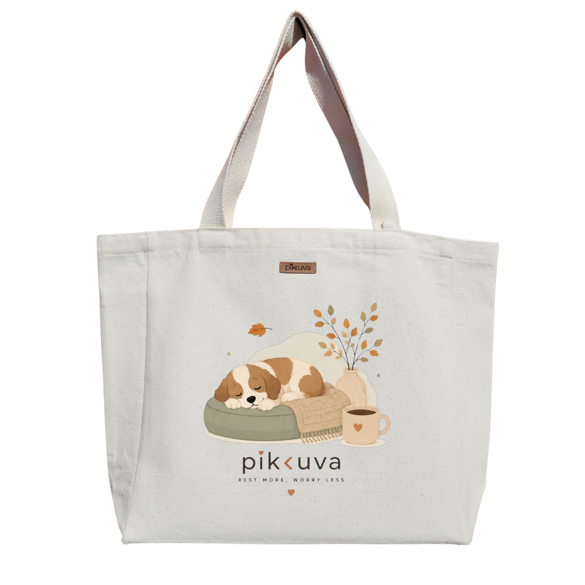 Uyku Zamanı Sevimli Yavru Köpek REST MORE WORRY LESS Baskılıı Naturel Kanvas Bez Çanta Sap Beyaz Cırt Cırtlı Suluk Tutuculu — 20x24