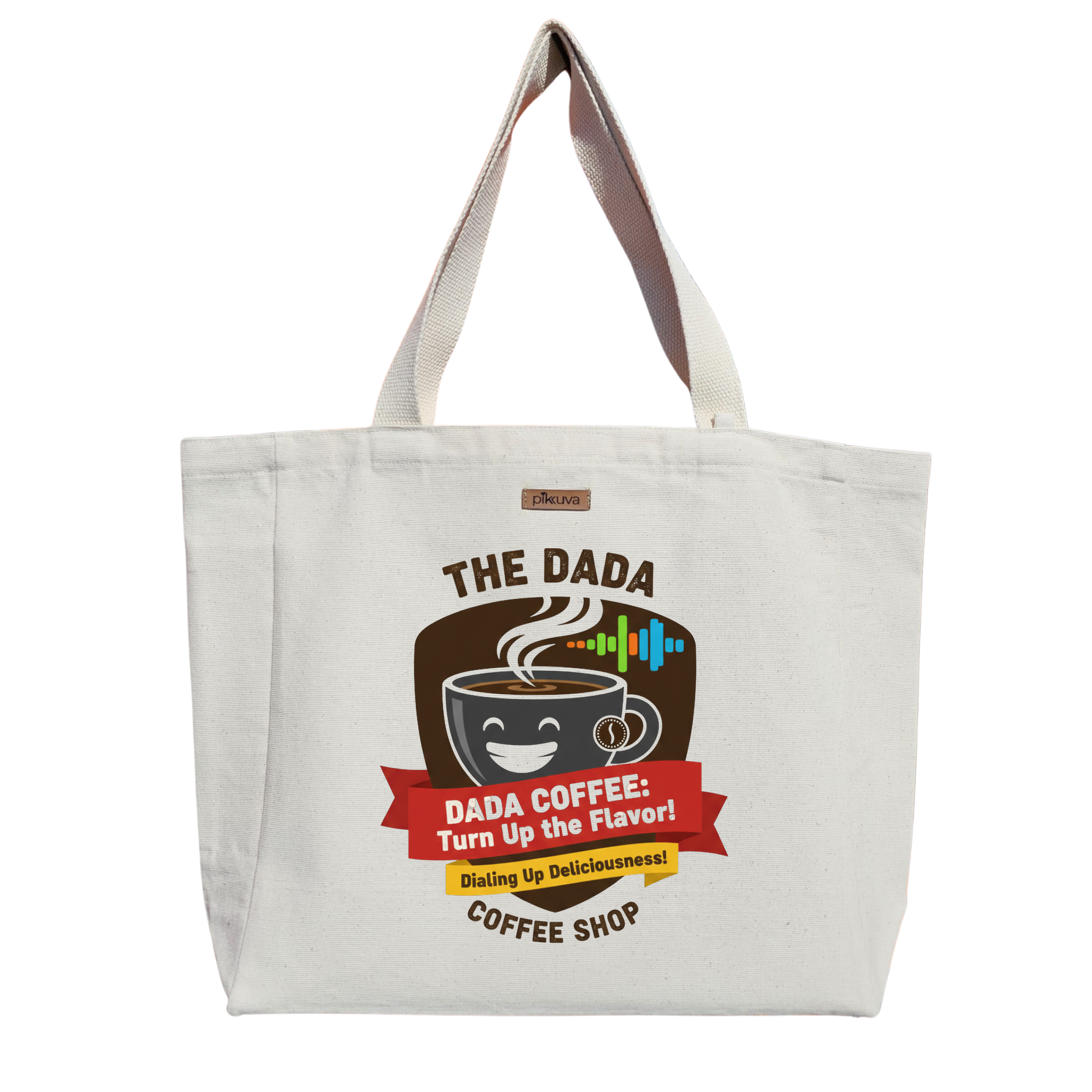 Dada Kahve Lezzeti Yükseltin Dialing Up Deliciousness Baskılı Naturel Kanvas Bez Çanta Sap Beyaz Cırt Cırtlı Suluk Tutuculu — 20x24