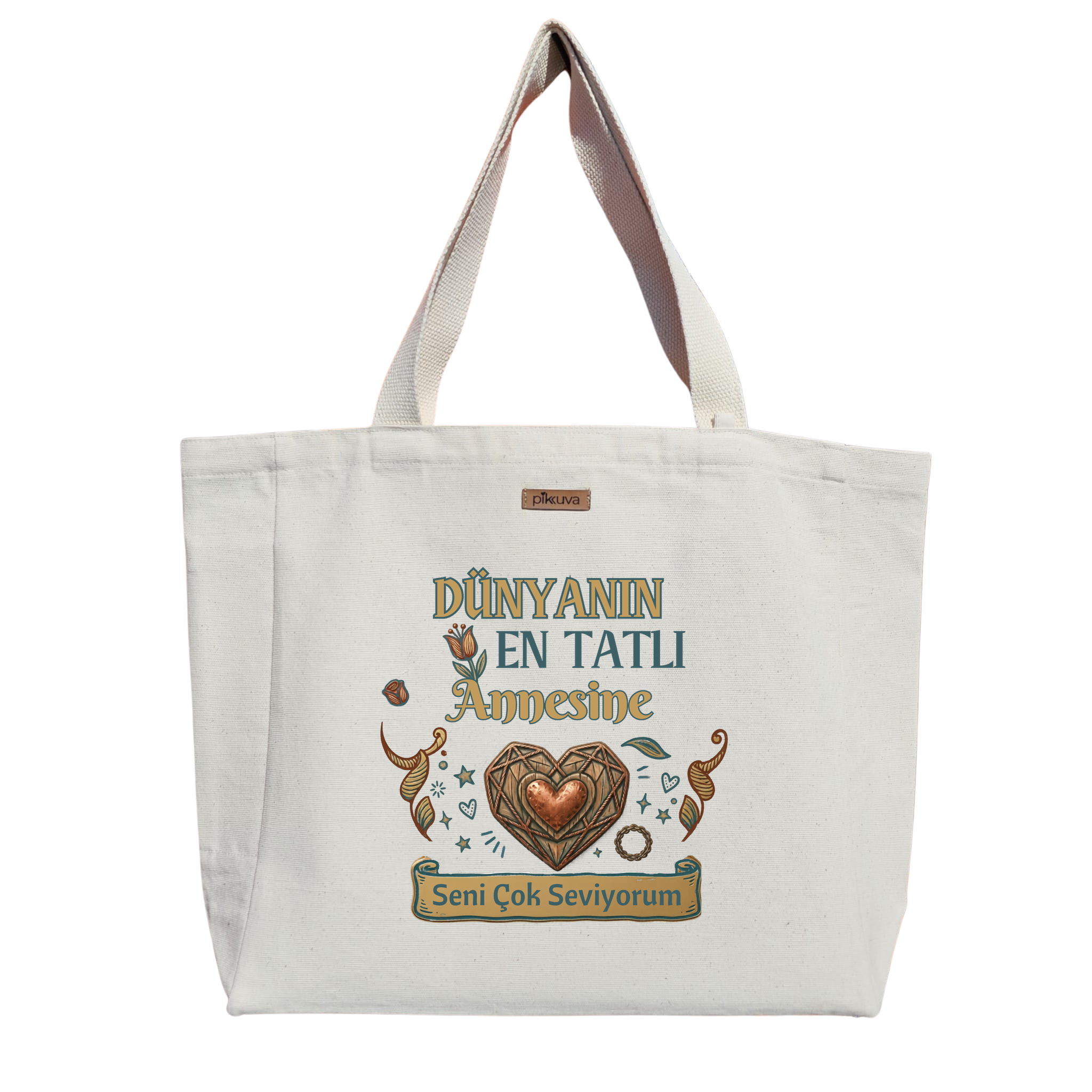 Kalp Motifli Anneler Günü Tasarımı I love you very much Baskılıı Naturel Kanvas Bez Çanta Sap Beyaz Cırt Cırtlı Suluk Tutuculu — 20x24