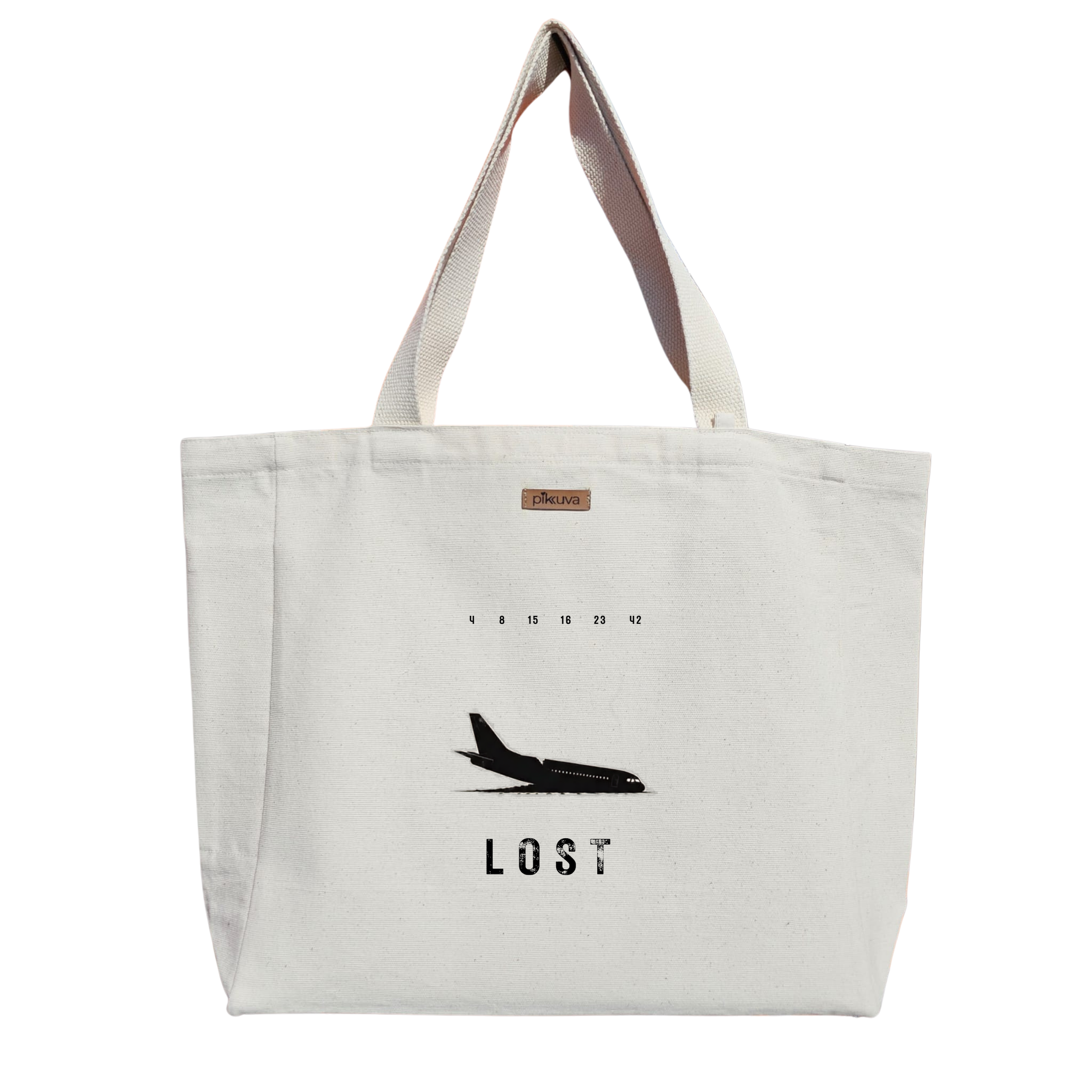 Natural Canvas Tote Bag, Natural Handle, White Velcro, Water Bottle Holder — 12x20