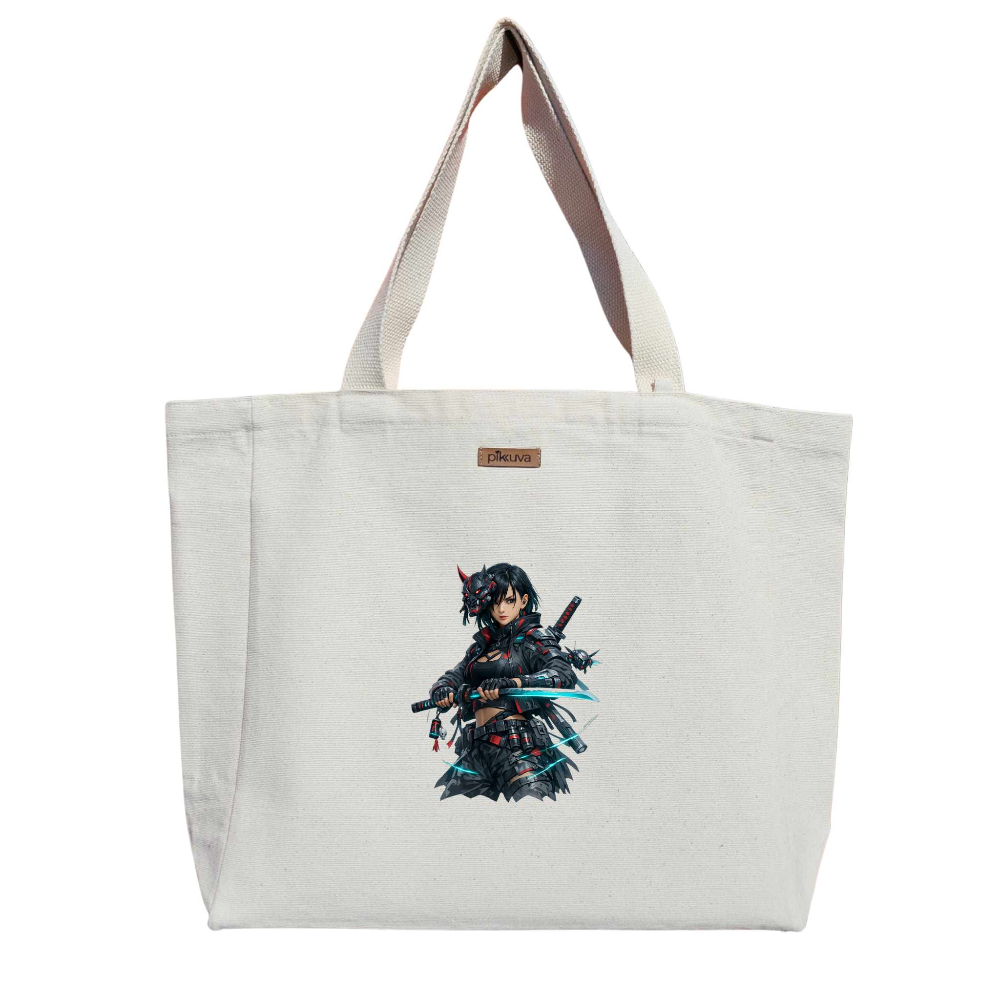 Natural Canvas Tote Bag, Natural Handle, White Velcro, Water Bottle Holder — 12x20