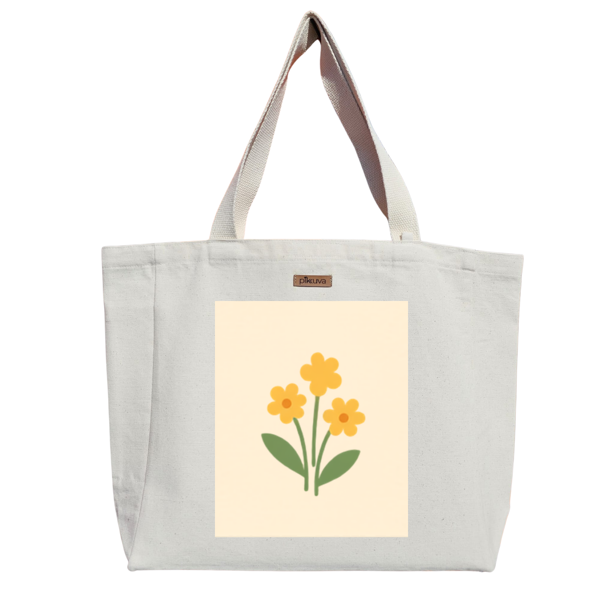 Sarı Çiçekler Minimal Logo Minimalist Baskılıı Naturel Kanvas Bez Çanta Sap Beyaz Cırt Cırtlı Suluk Tutuculu — 20x24