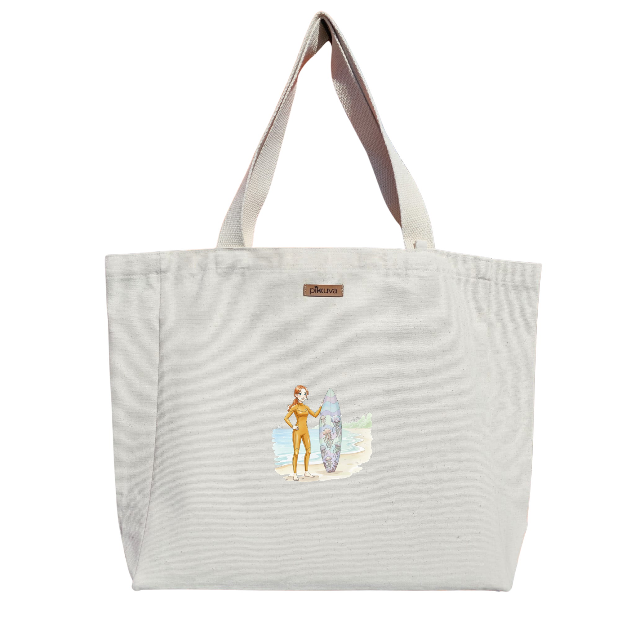 Natural Canvas Tote Bag, Natural Handle, White Velcro, Water Bottle Holder