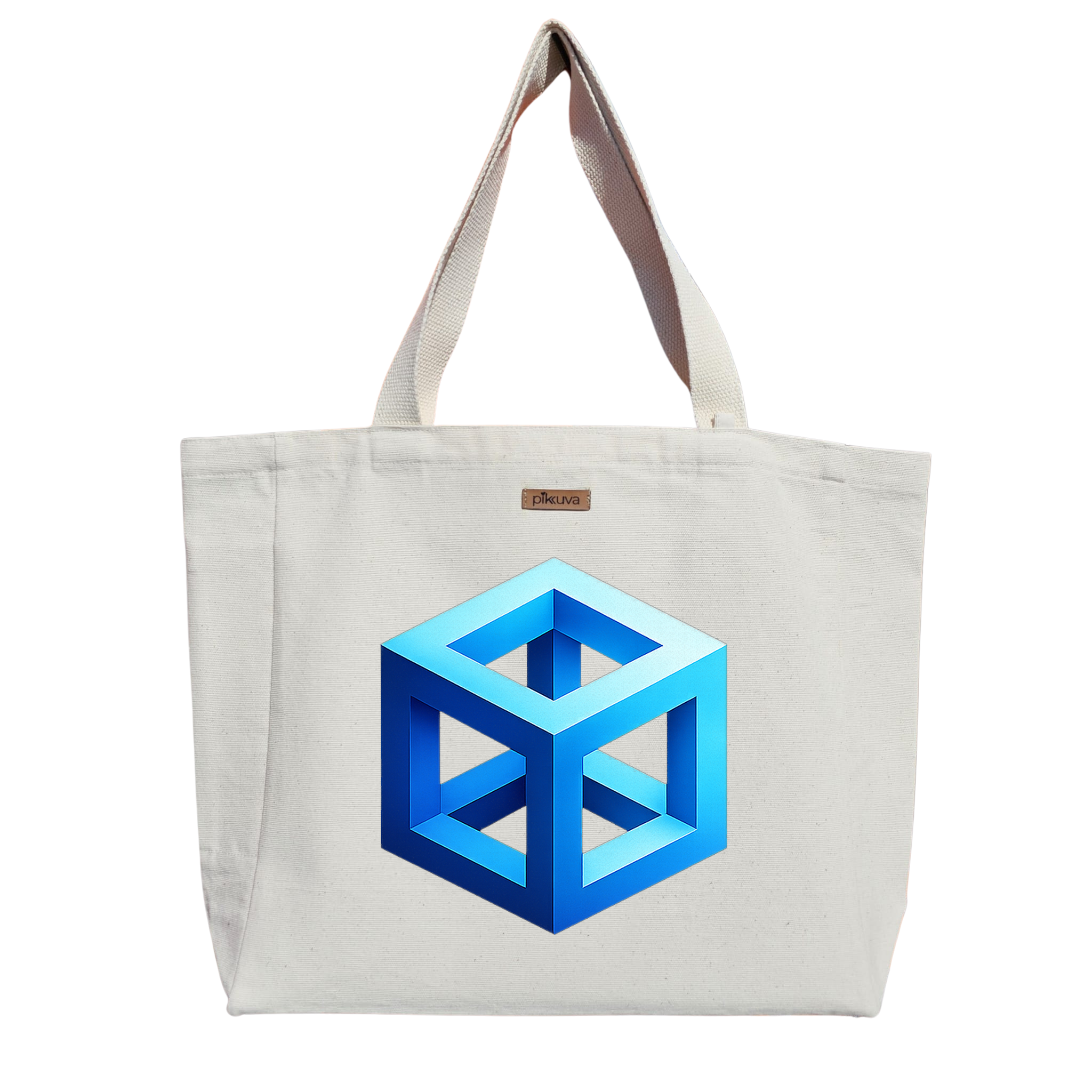 Mavi Geometrik Küp Tasarımı Blue geometric cube design Baskılı Naturel Kanvas Bez Çanta Sap Beyaz Cırt Cırtlı Suluk Tutuculu — 20x24