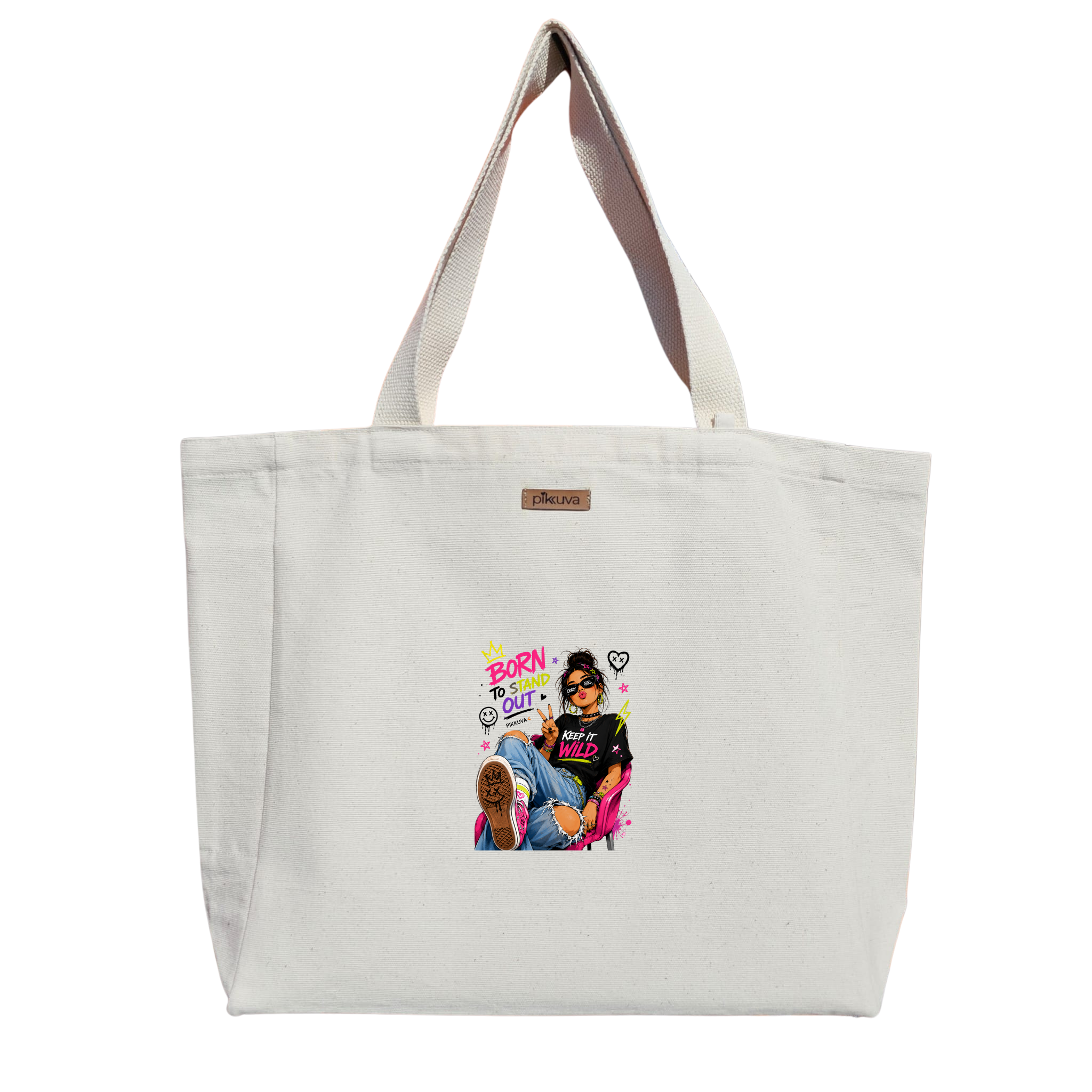 Natural Canvas Tote Bag, Natural Handle, White Velcro, Water Bottle Holder
