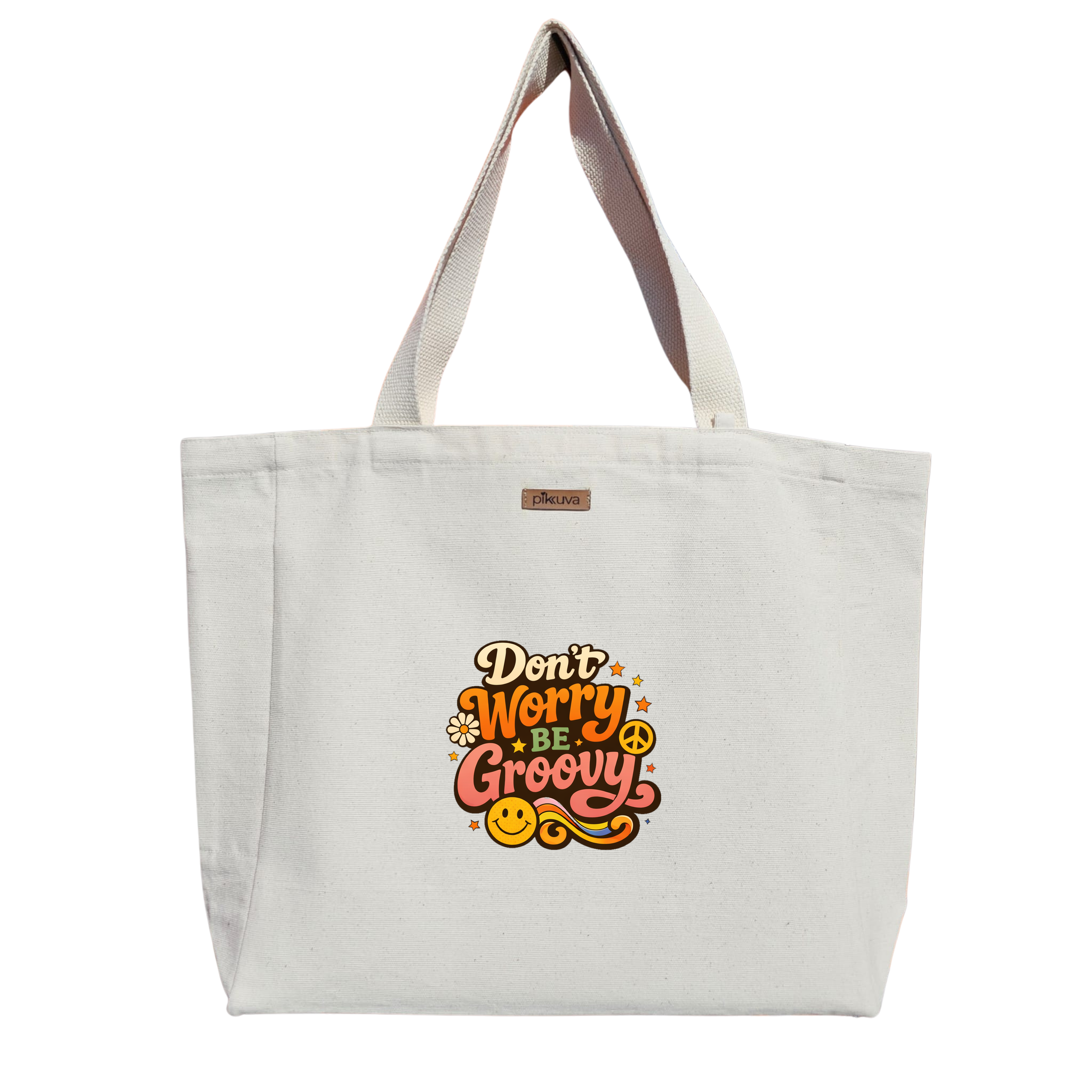Sarı Gülümseme Logo Retro Stil tasarımı Endişelenme Baskılı Naturel Kanvas Bez Çanta Sap Beyaz Cırt Cırtlı Suluk Tutuculu