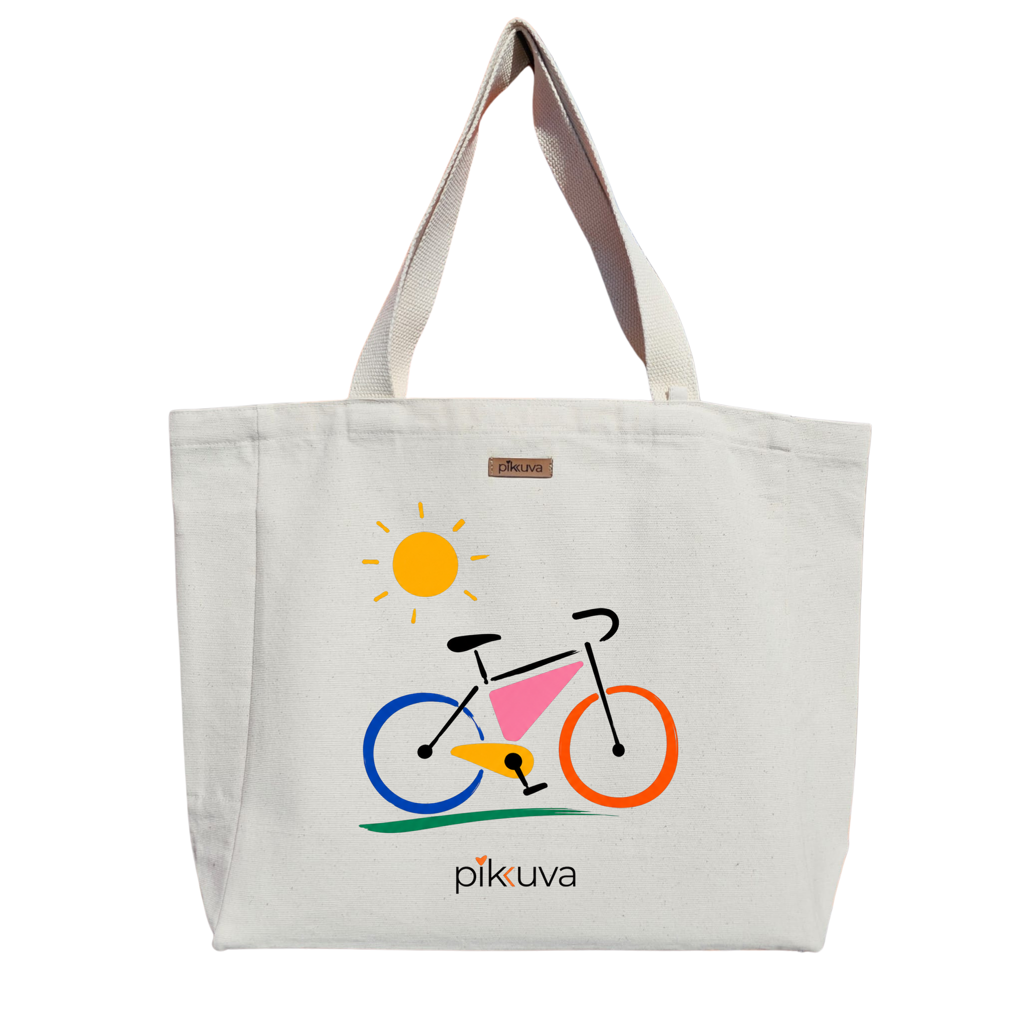 Natural Canvas Tote Bag, Natural Handle, White Velcro, Water Bottle Holder — 20x24